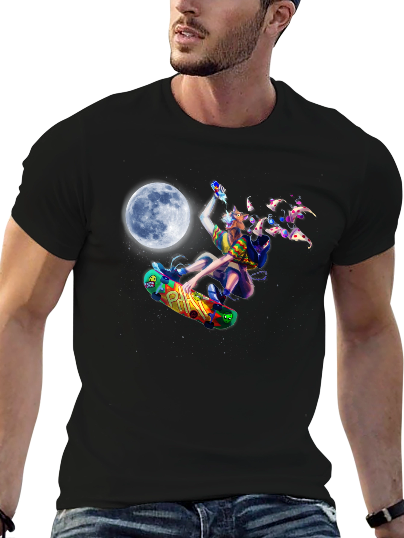 Skateboarding Pizza Wolf Black T-Shirt