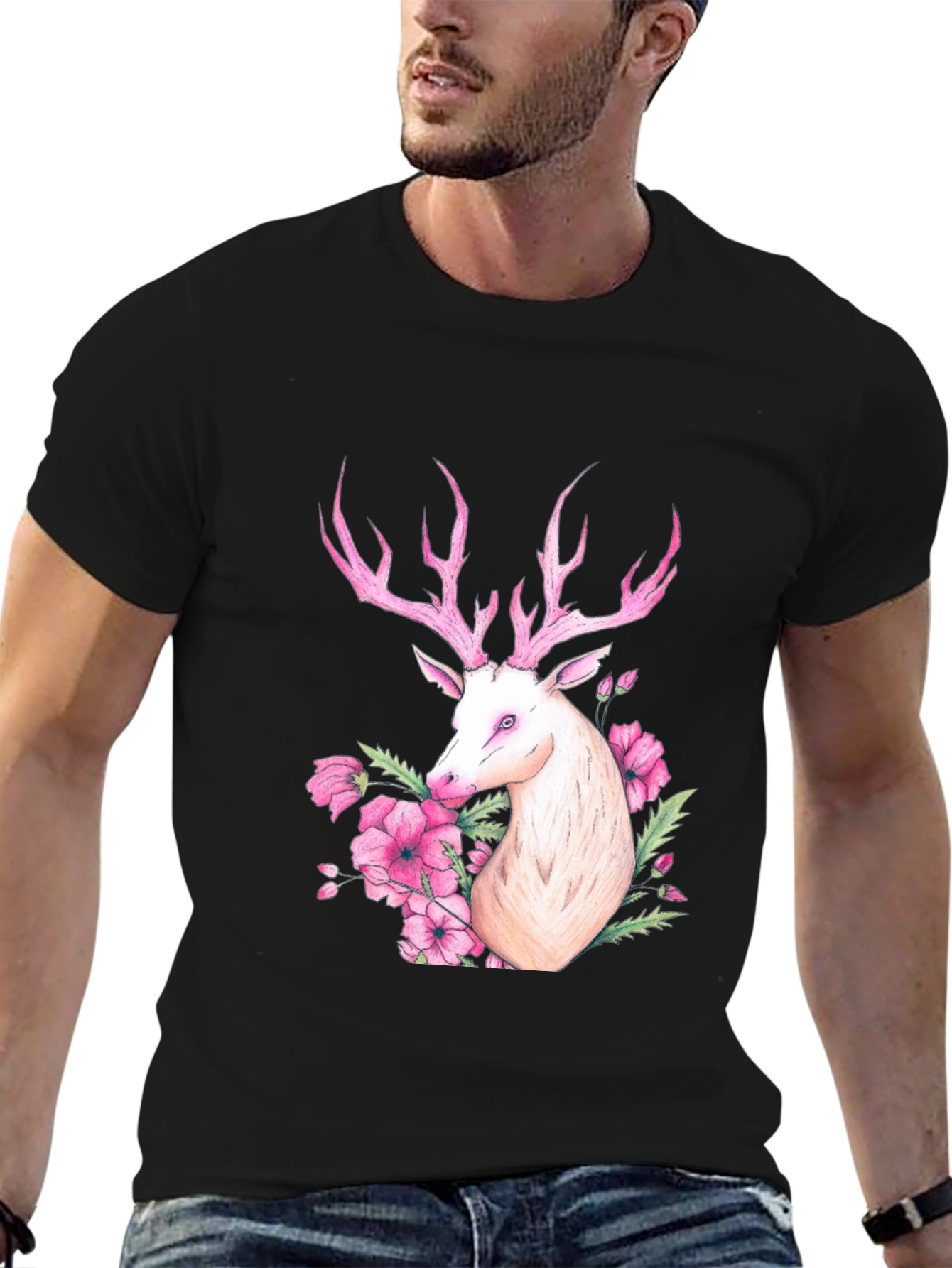 Deer Floral Graphic Tee - Black Cotton Blend
