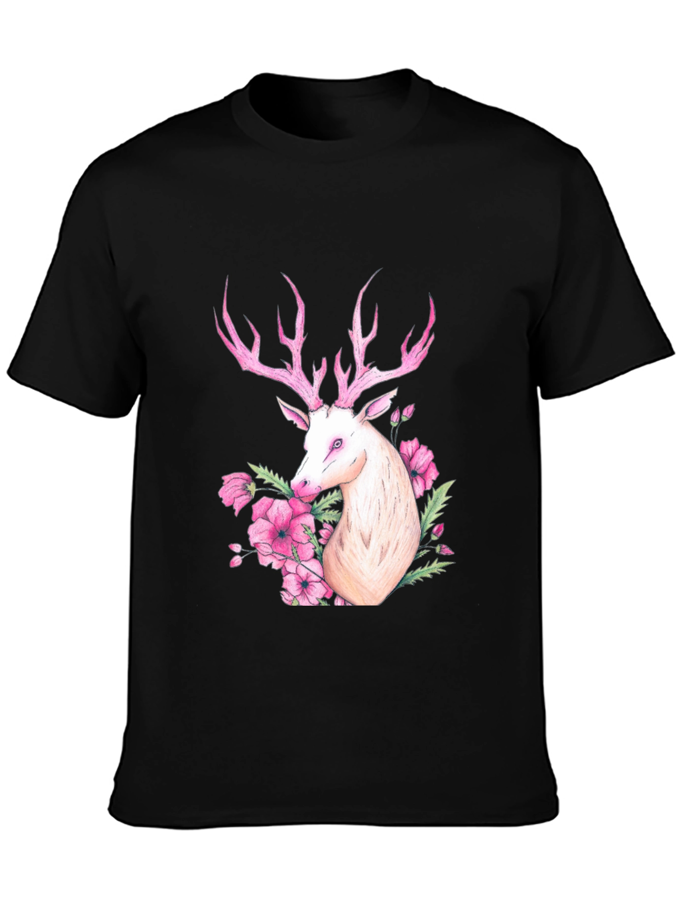 Deer Floral Graphic Tee - Black Cotton Blend
