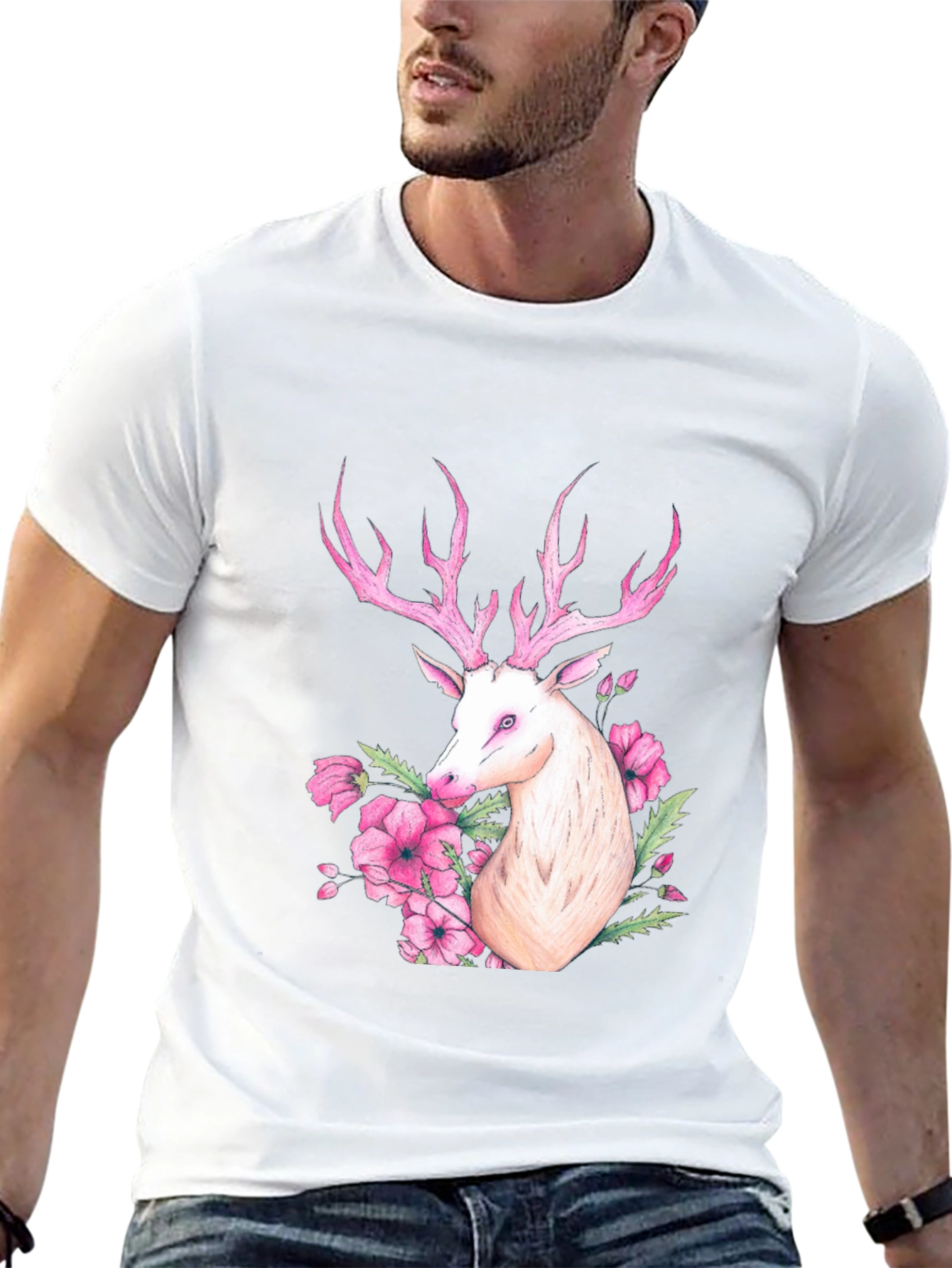 Deer Floral Graphic Tee - Black Cotton Blend
