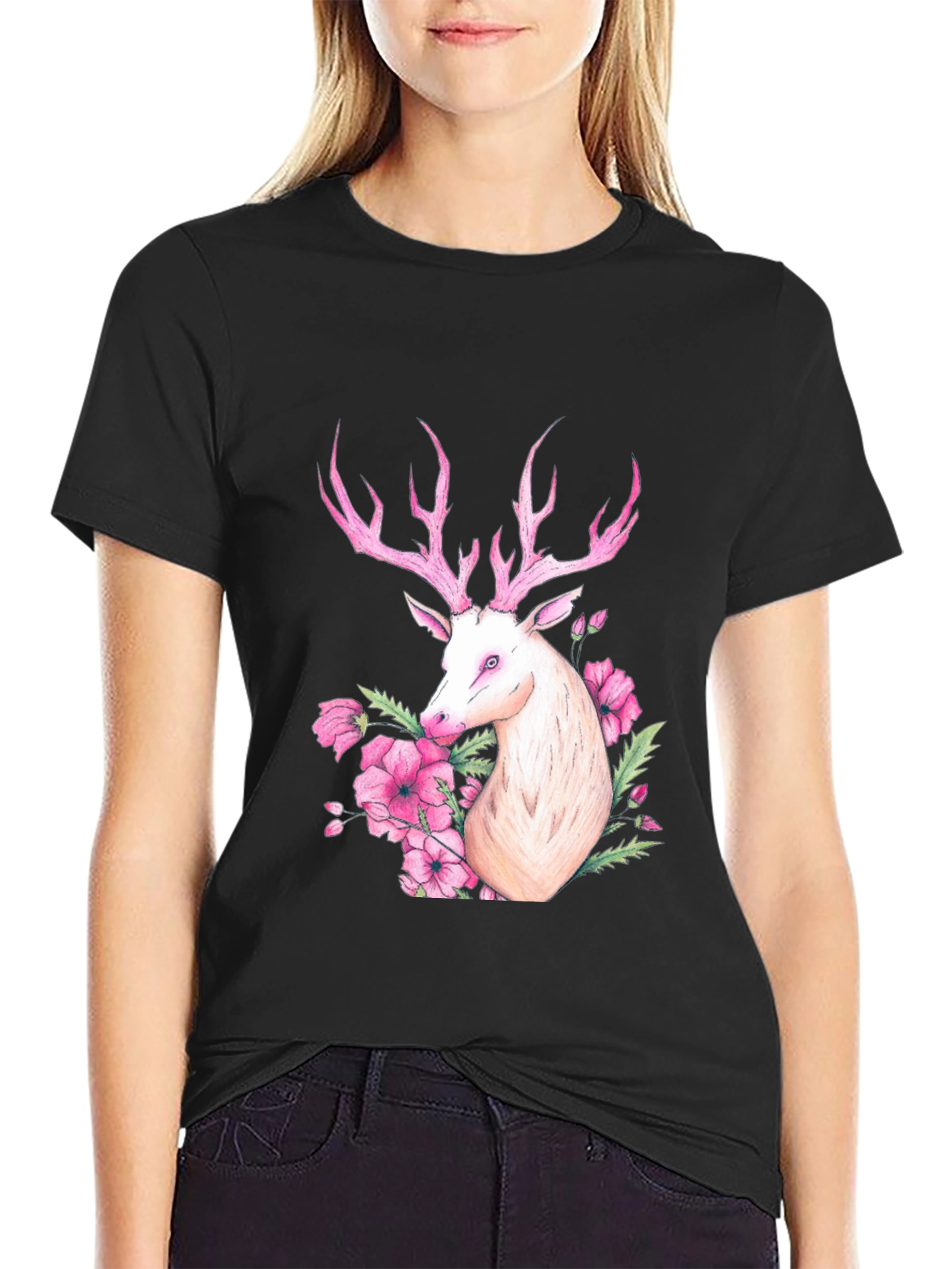 Deer Floral Graphic Tee - Black Cotton Blend
