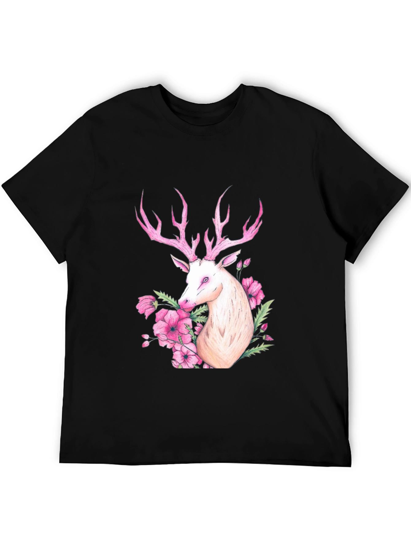 Deer Floral Graphic Tee - Black Cotton Blend