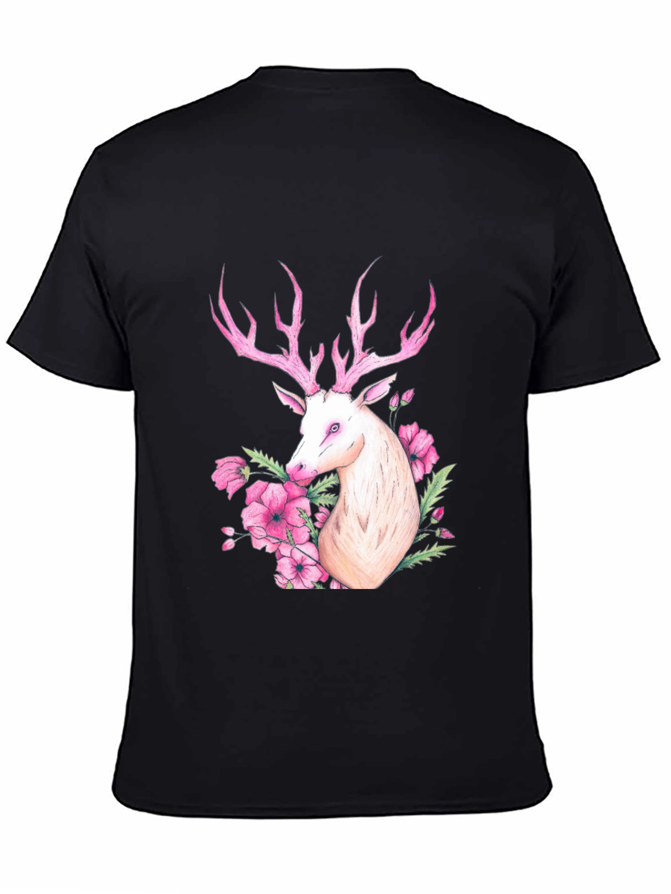 Deer Floral Graphic Tee - Black Cotton Blend