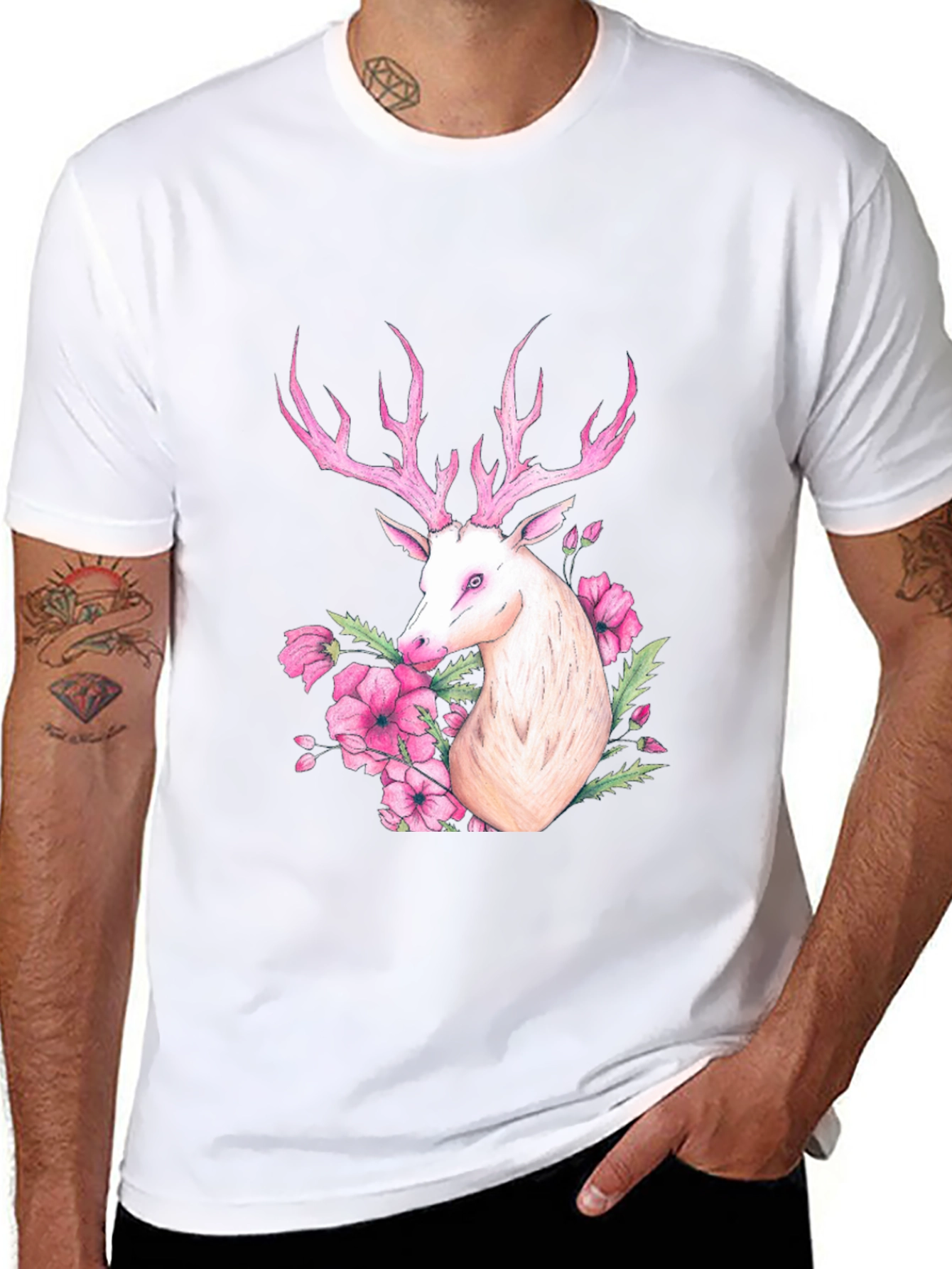 Deer Floral Graphic Tee - Black Cotton Blend