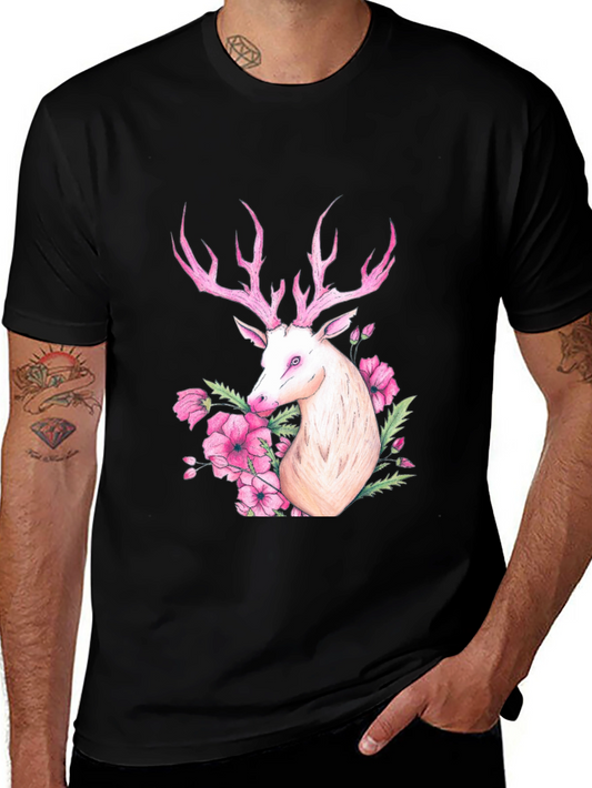 Deer Floral Graphic Tee - Black Cotton Blend