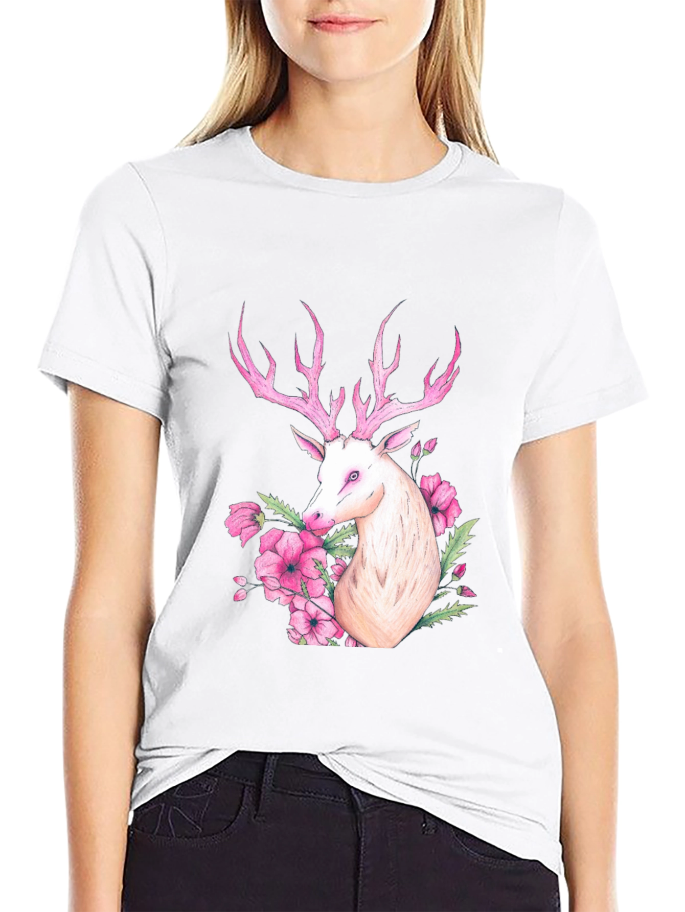 Deer Floral Graphic Tee - Black Cotton Blend