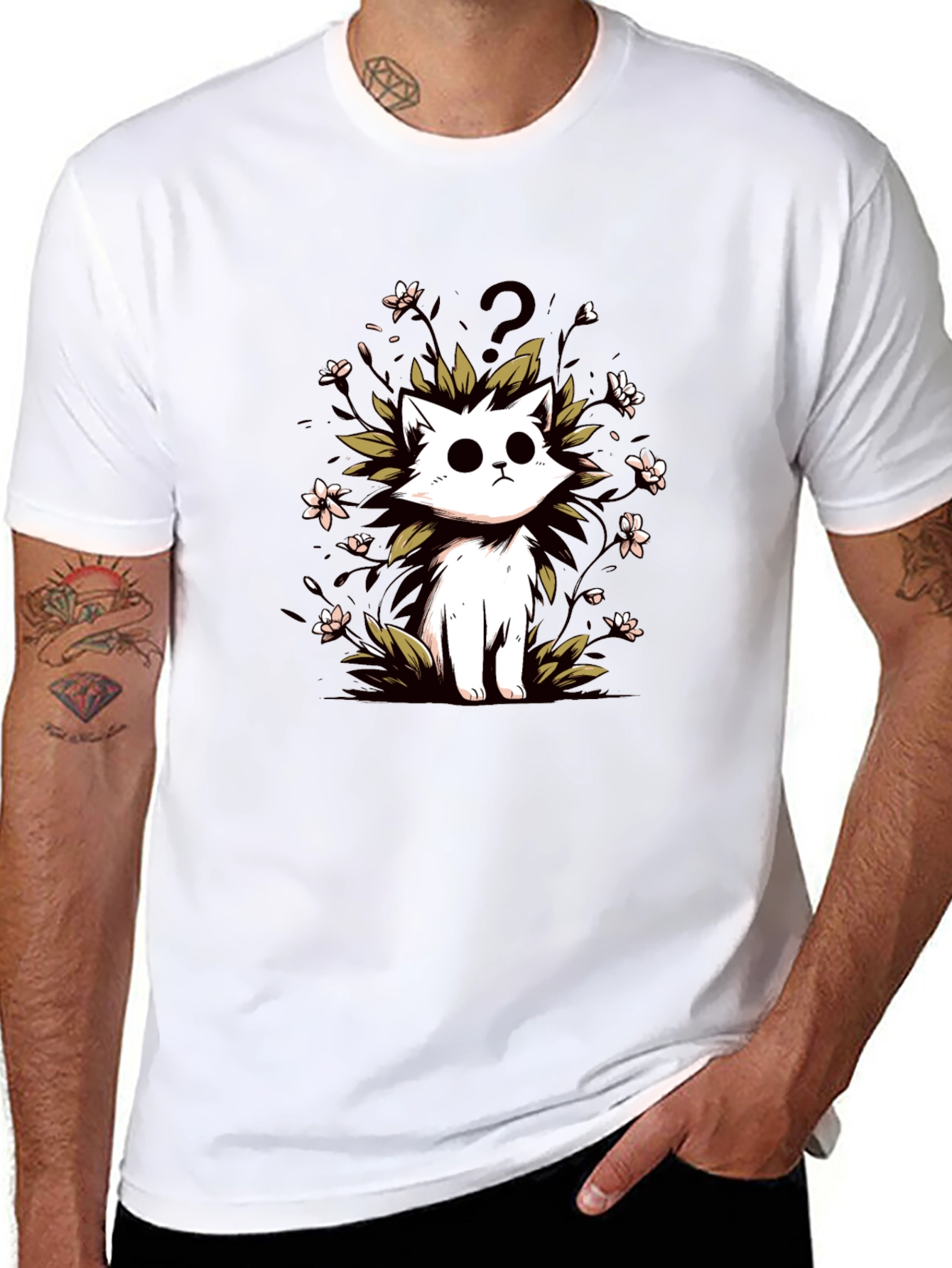 Curious Cat Graphic Tee - Black Cotton T-Shirt