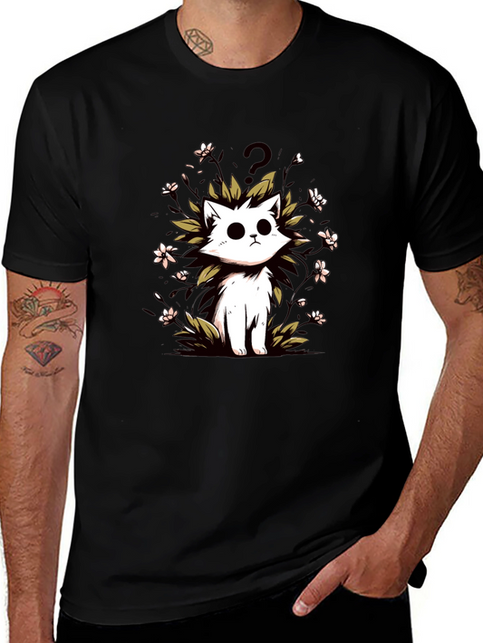 Curious Cat Graphic Tee - Black Cotton T-Shirt