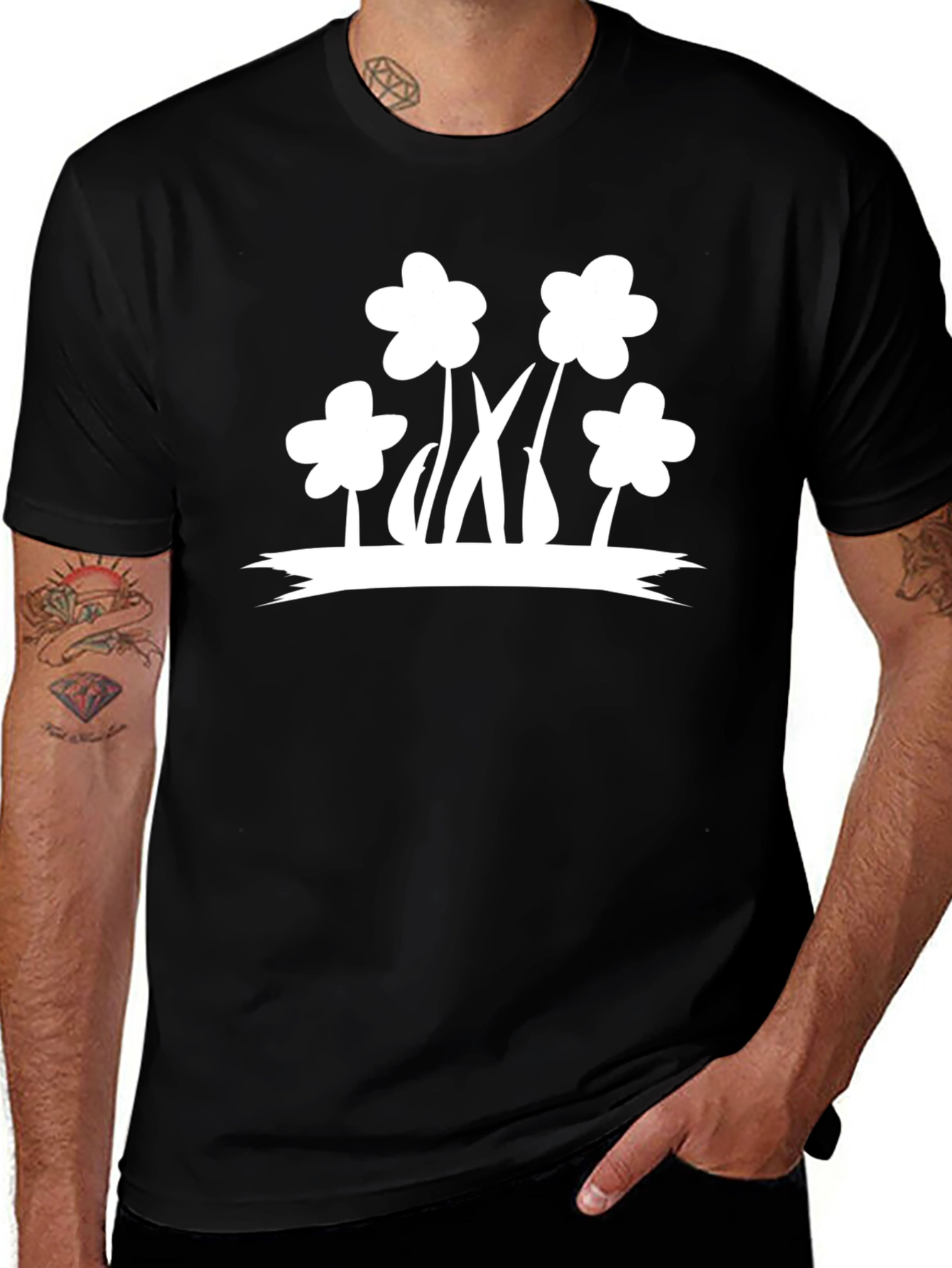 Black T-Shirt with White Flower Graphic