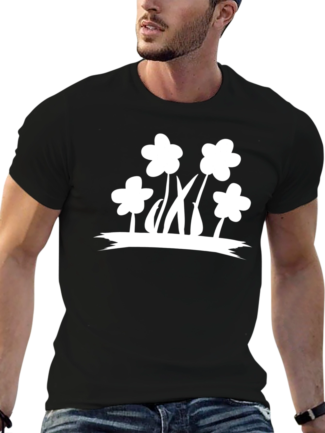 Black T-Shirt with White Flower Graphic