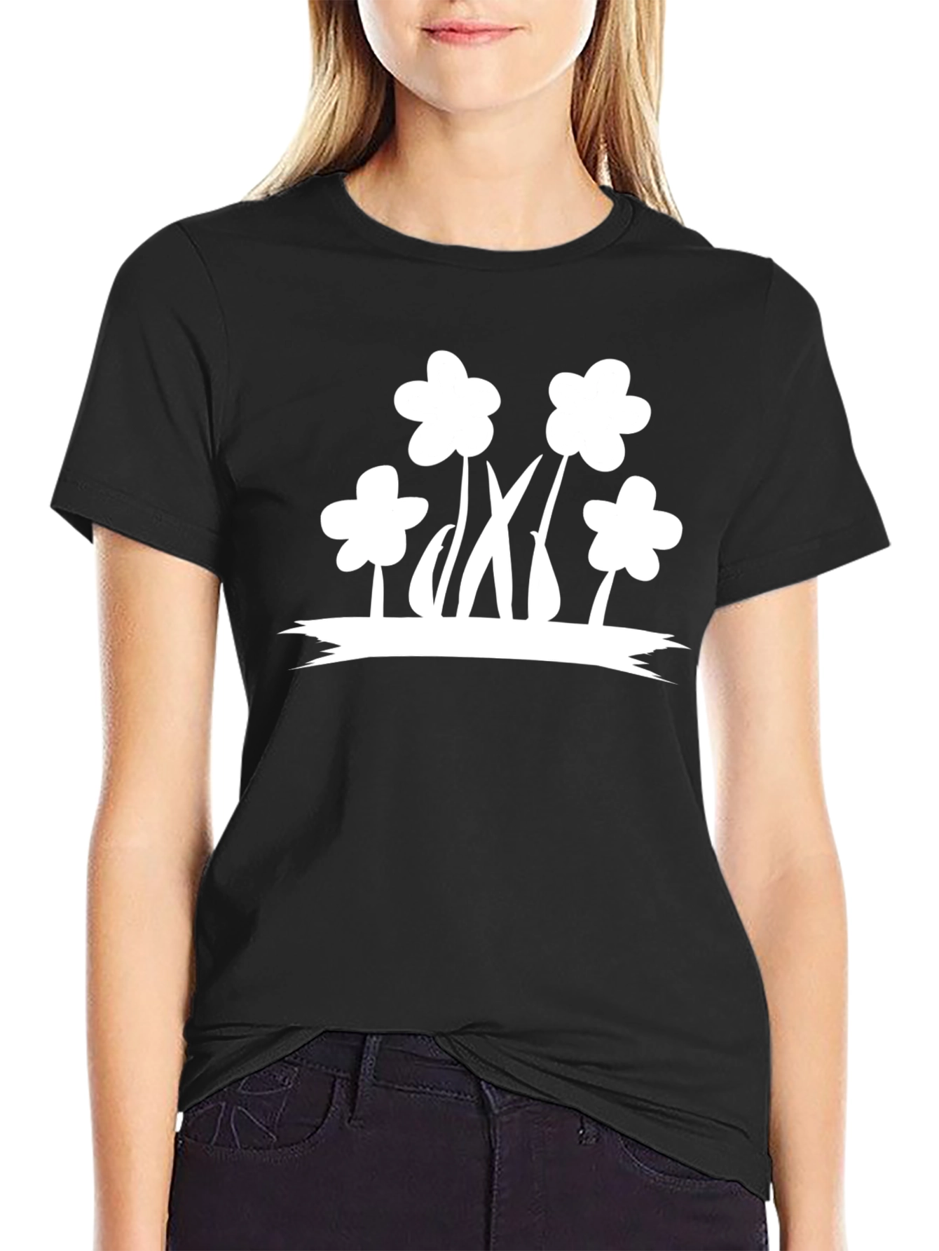 Black T-Shirt with White Flower Graphic