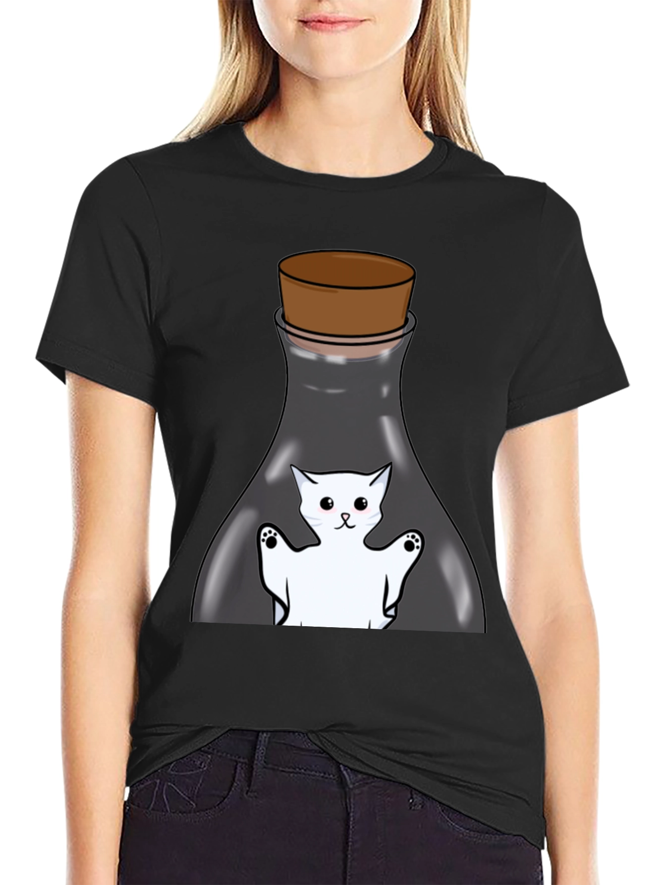Cat in a Bottle Black T-Shirt