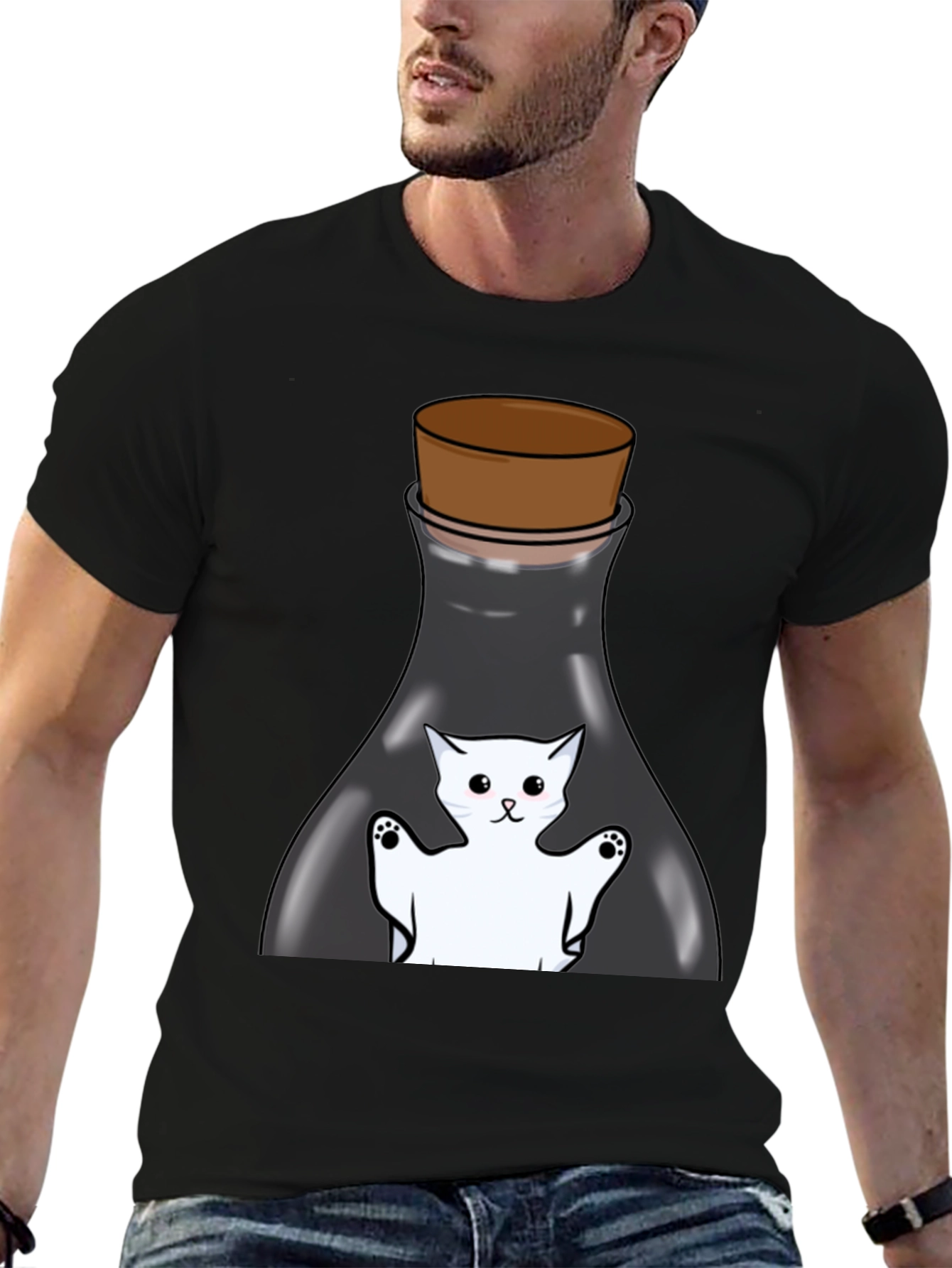 Cat in a Bottle Black T-Shirt