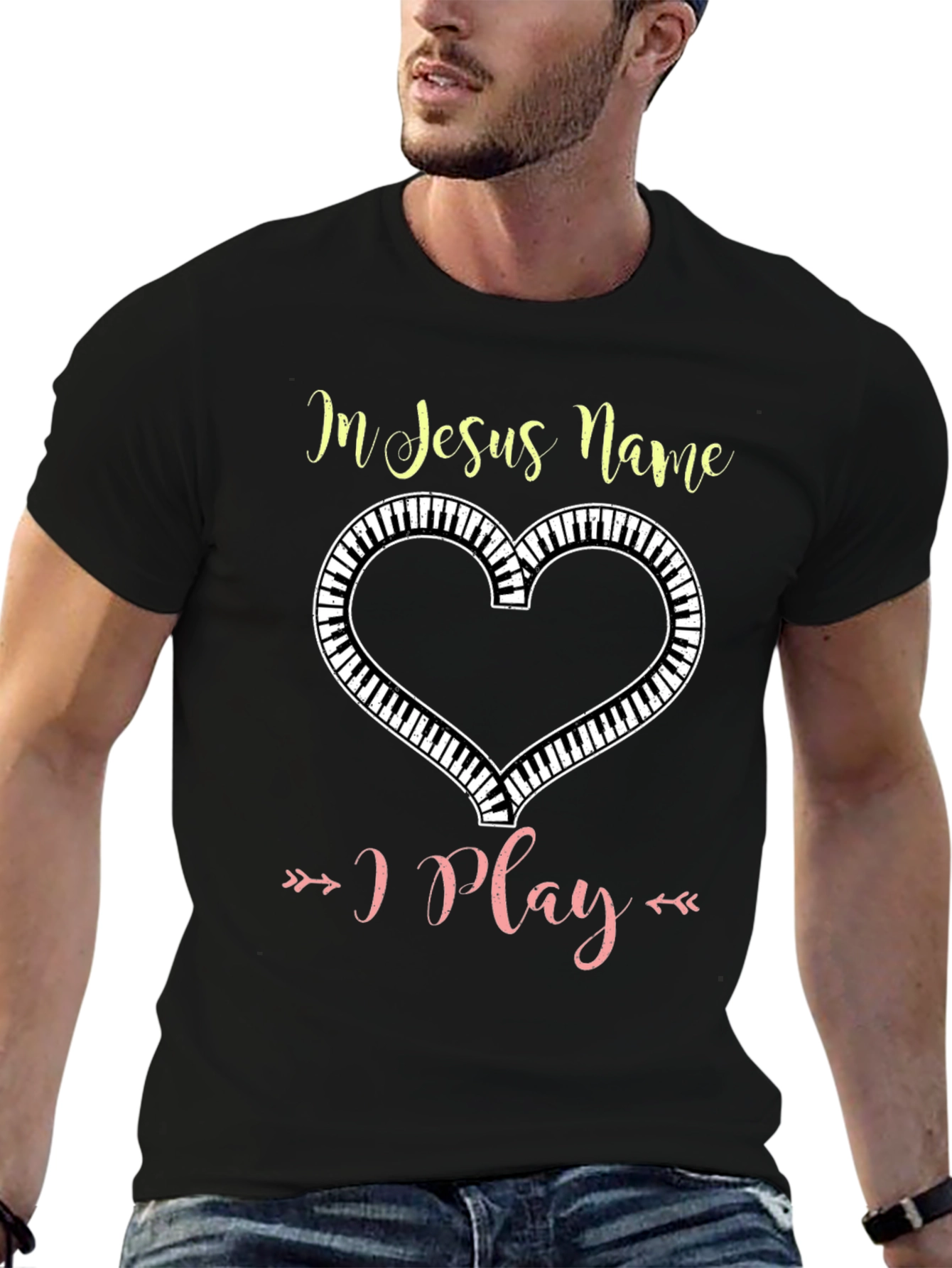 In Jesus Name I Play Piano Heart T-Shirt