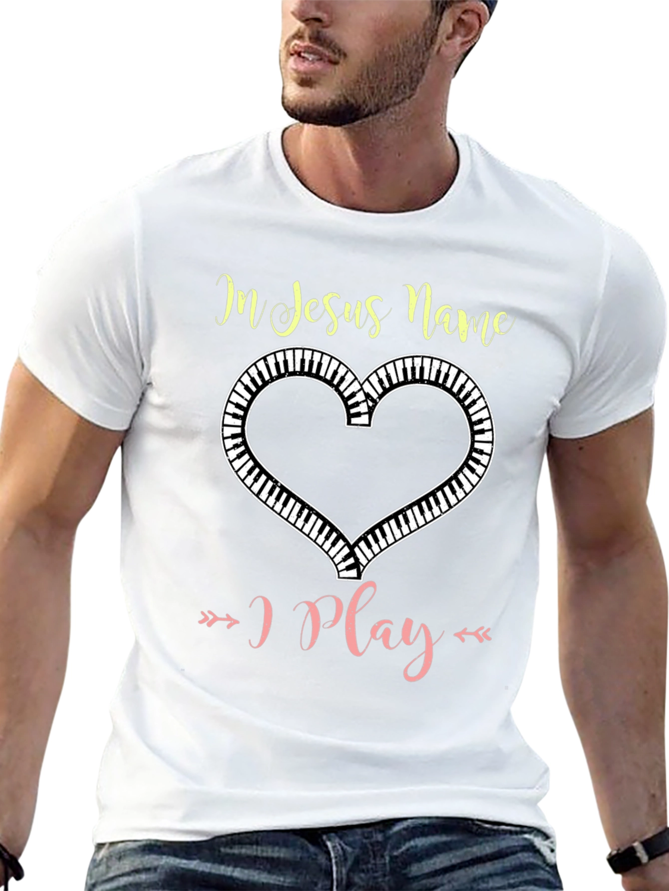 In Jesus Name I Play Piano Heart T-Shirt