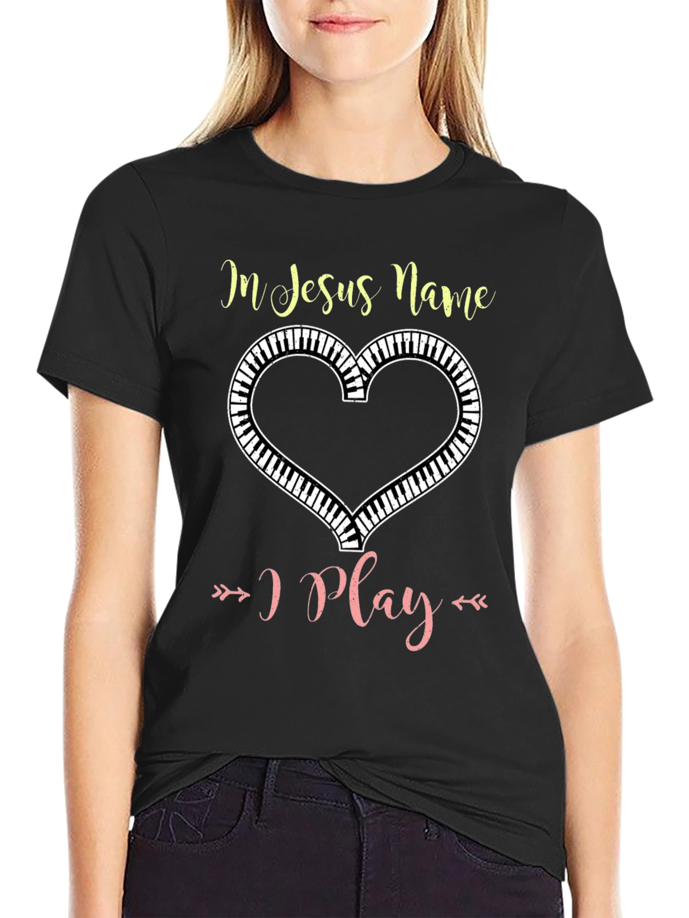 In Jesus Name I Play Piano Heart T-Shirt