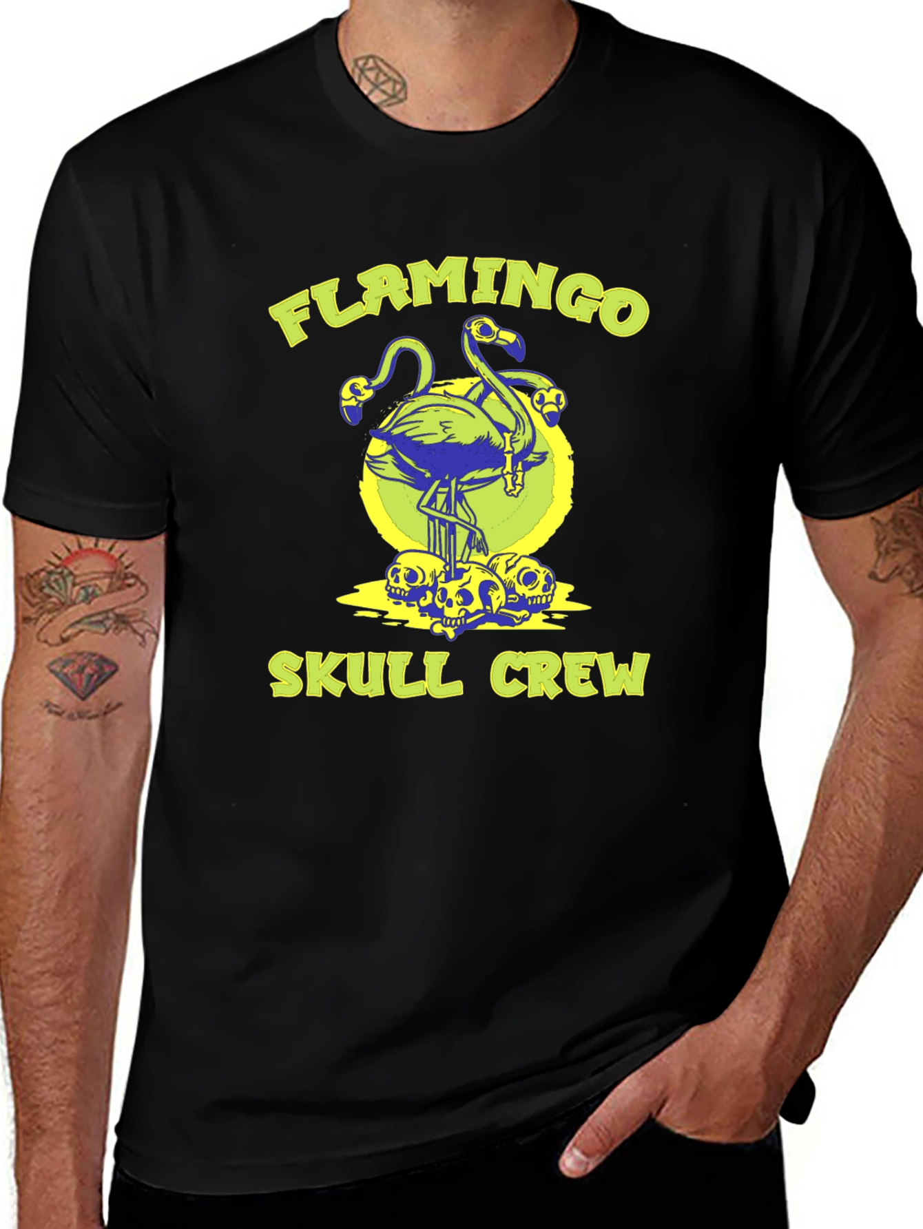 Flamingo Skull Crew Graphic Tee - Black Cotton Shirt