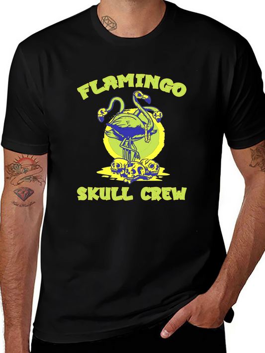 Flamingo Skull Crew Graphic Tee - Black Cotton Shirt