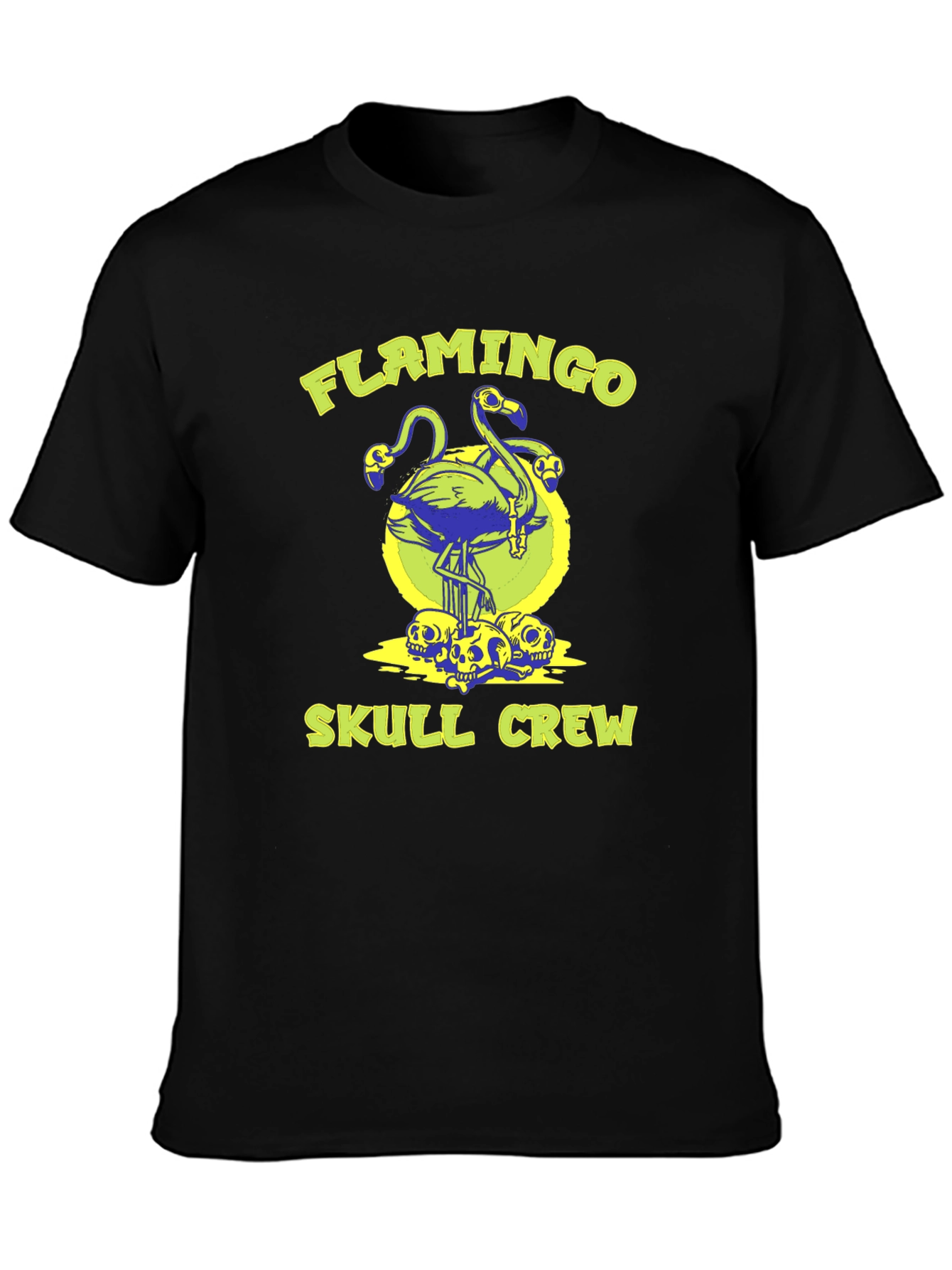 Flamingo Skull Crew Graphic Tee - Black Cotton Shirt