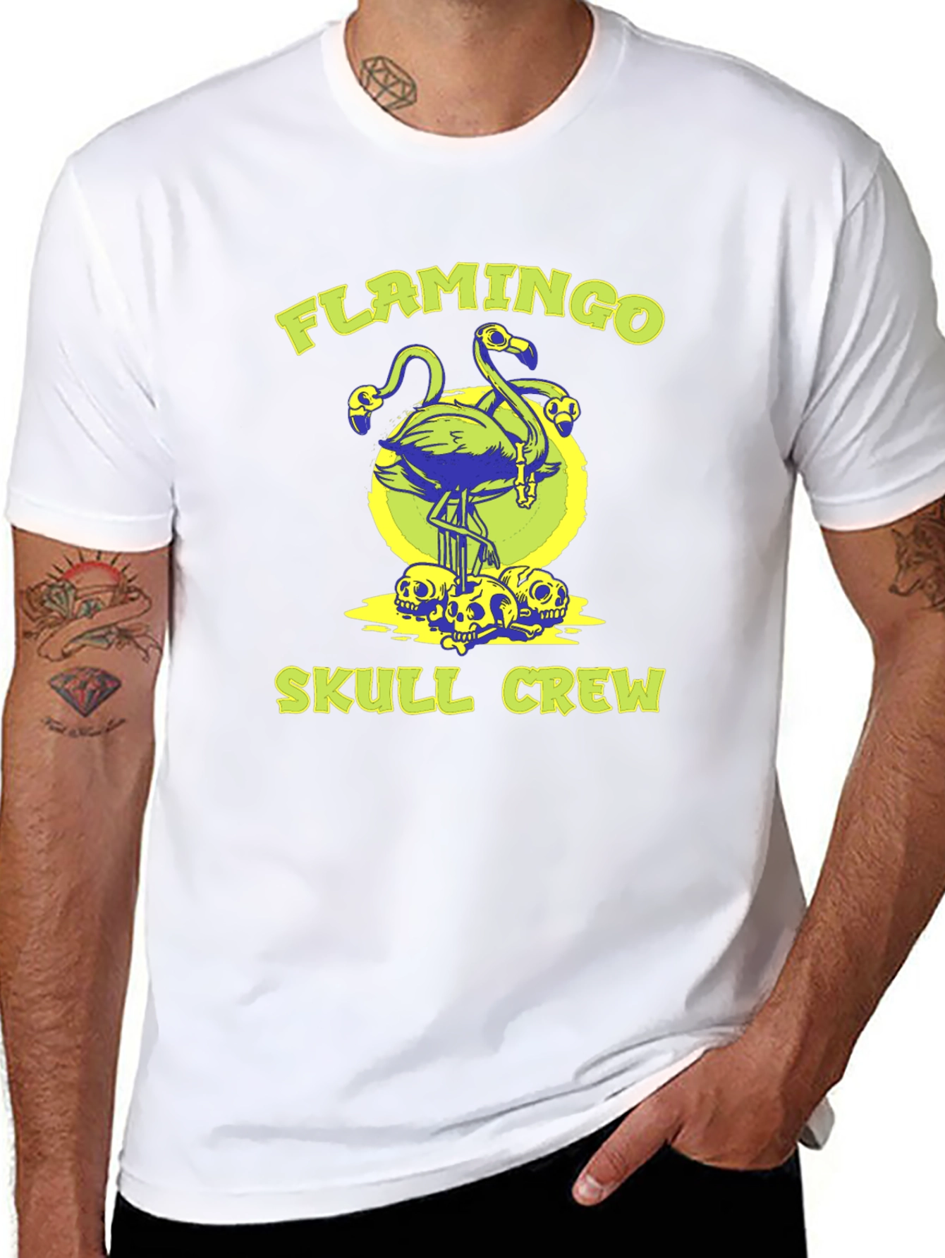 Flamingo Skull Crew Graphic Tee - Black Cotton Shirt