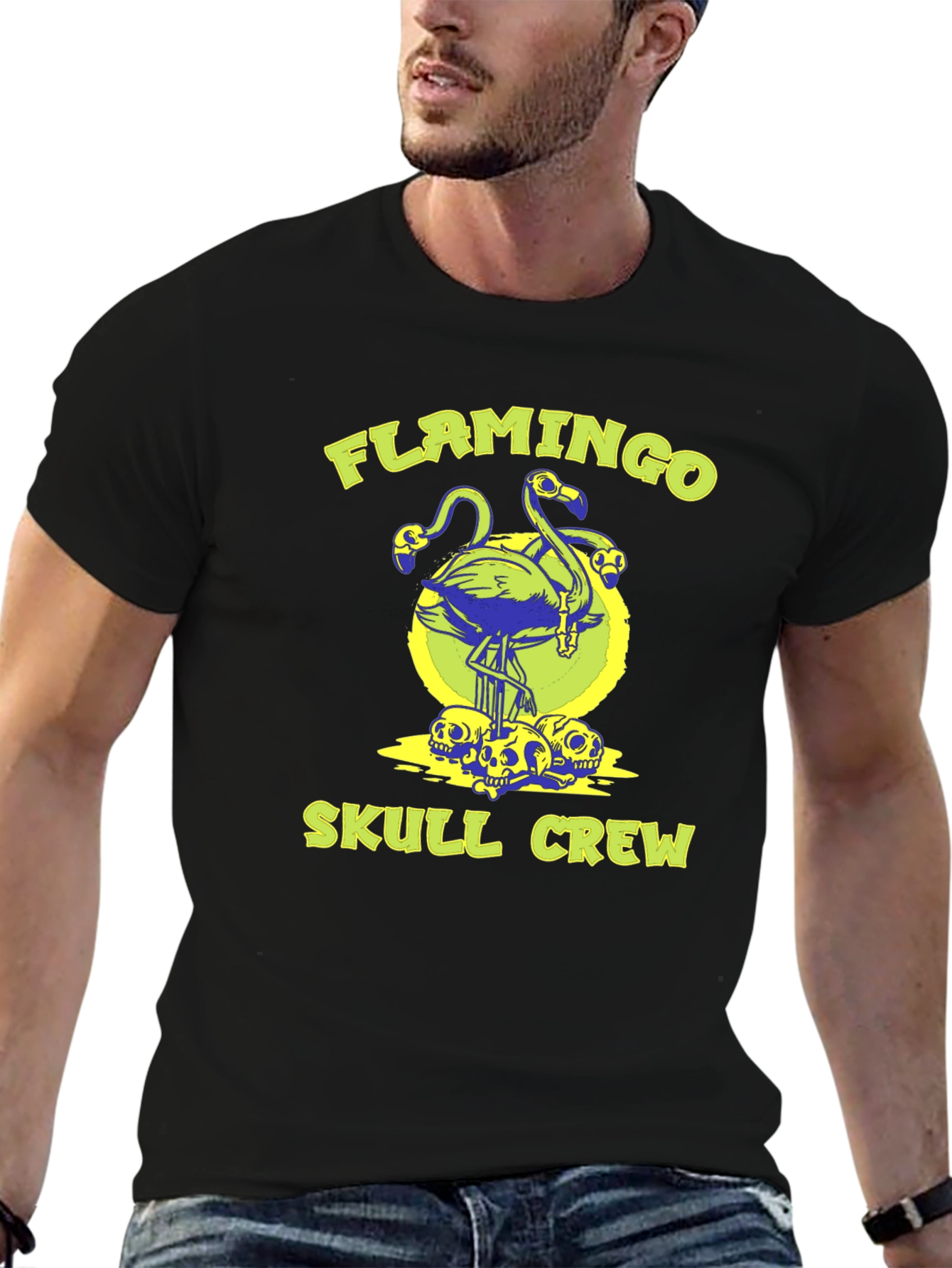 Flamingo Skull Crew Graphic Tee - Black Cotton Shirt