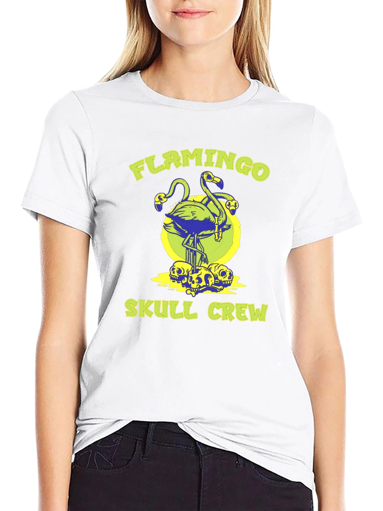 Flamingo Skull Crew Graphic Tee - Black Cotton Shirt
