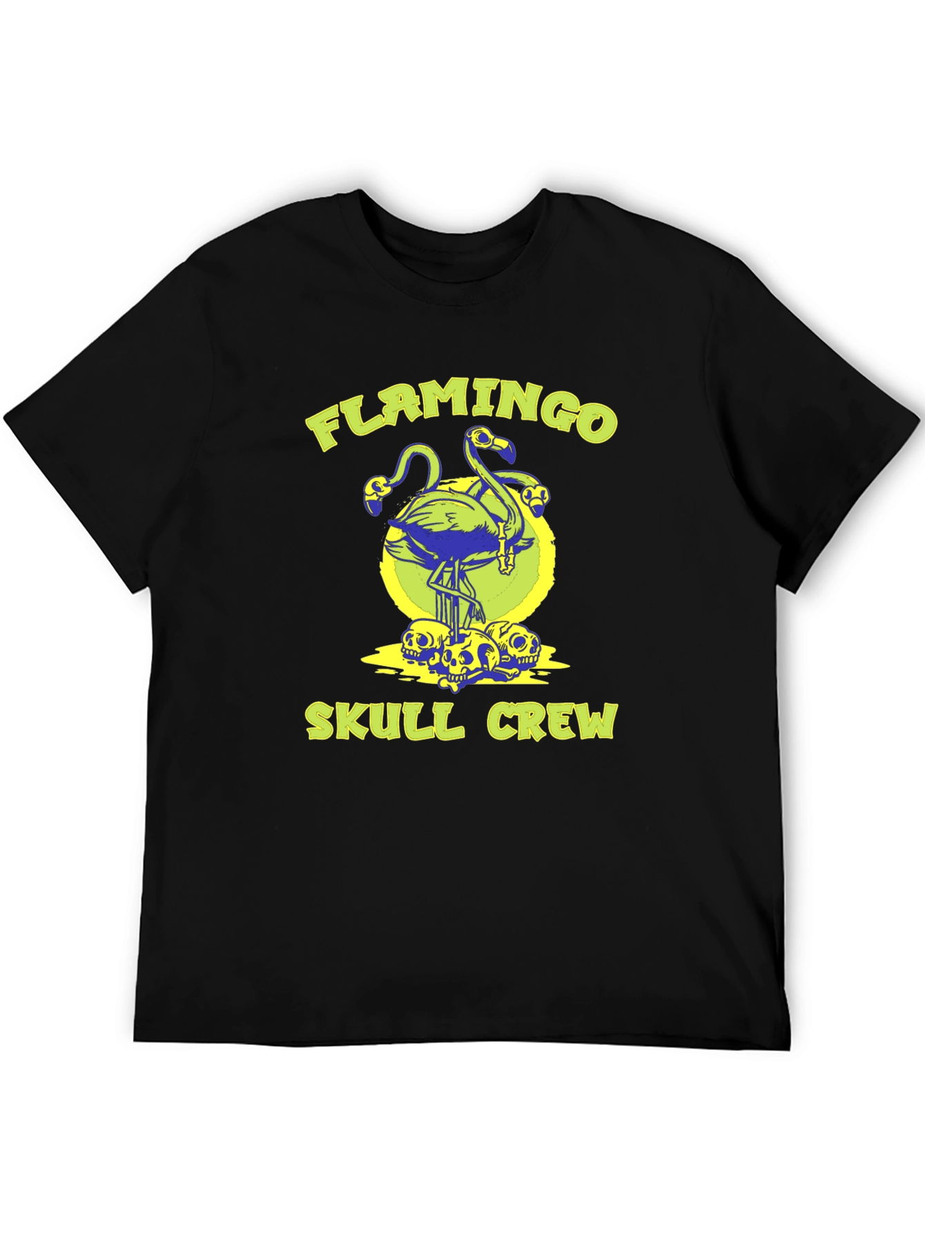 Flamingo Skull Crew Graphic Tee - Black Cotton Shirt