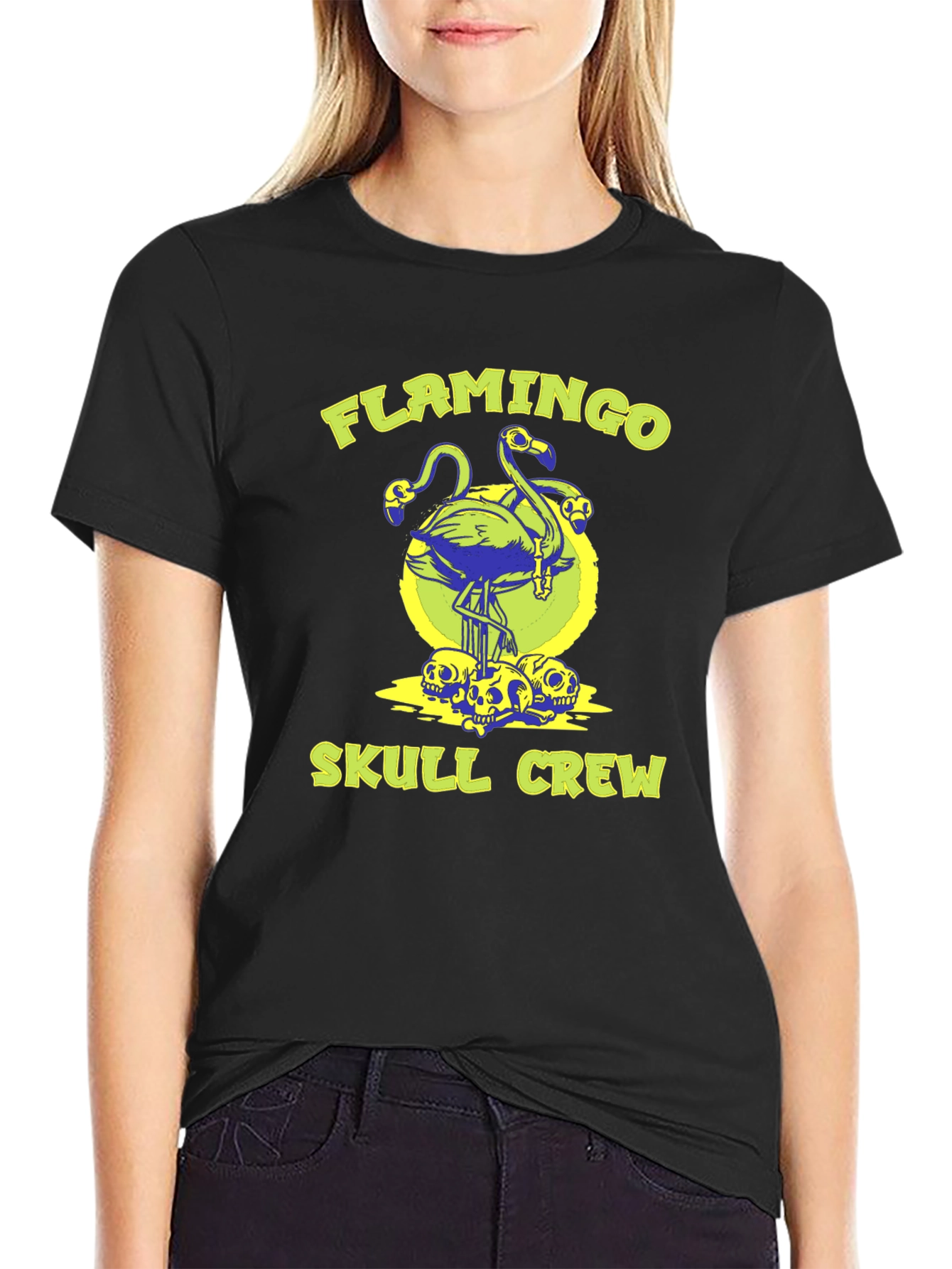 Flamingo Skull Crew Graphic Tee - Black Cotton Shirt