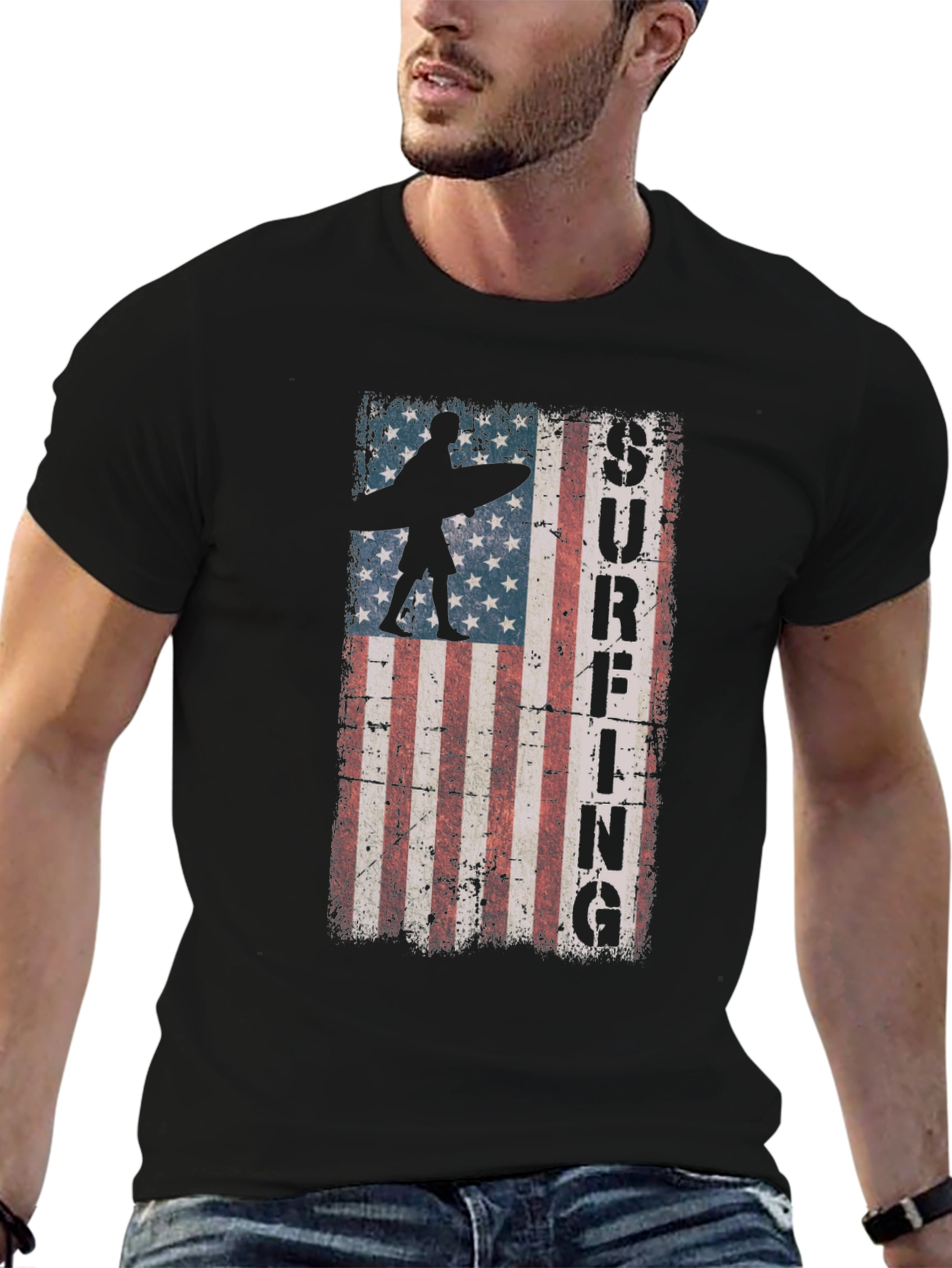 American Flag Surfing Graphic Tee