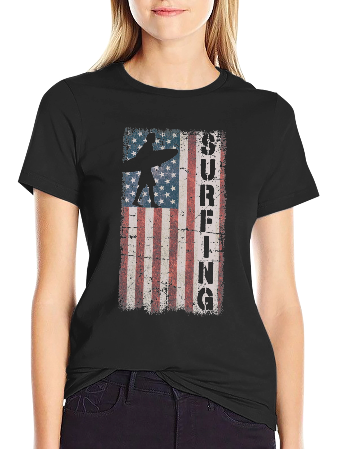 American Flag Surfing Graphic Tee