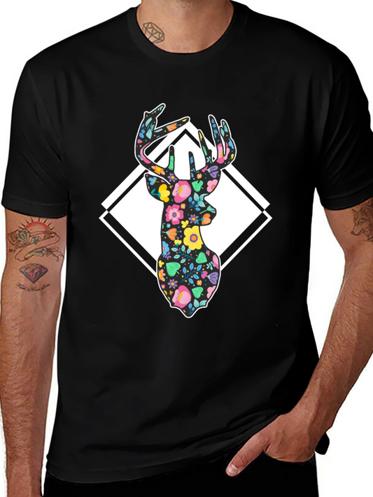 Floral Deer Graphic Tee - Black Cotton Blend