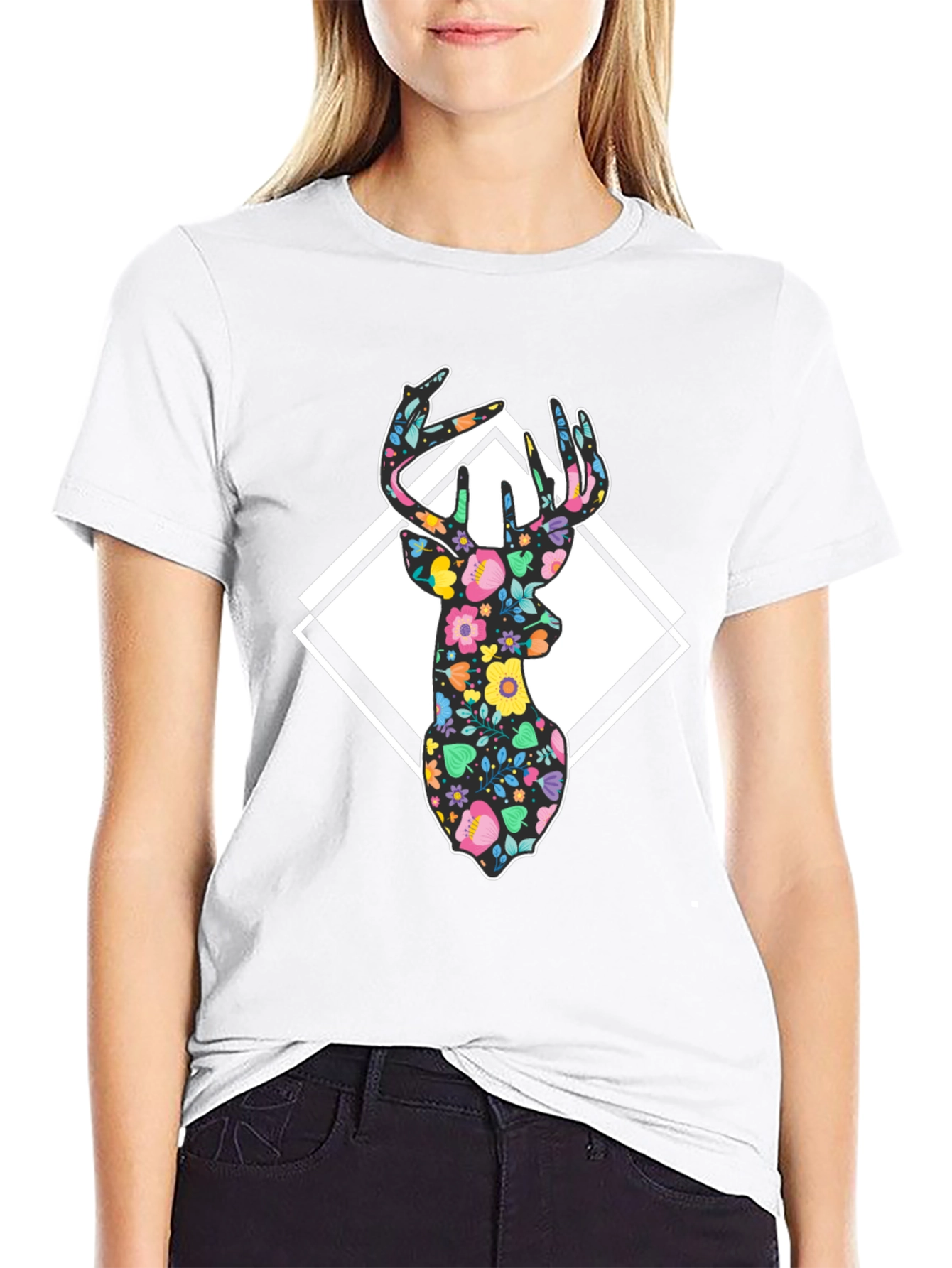 Floral Deer Graphic Tee - Black Cotton Blend