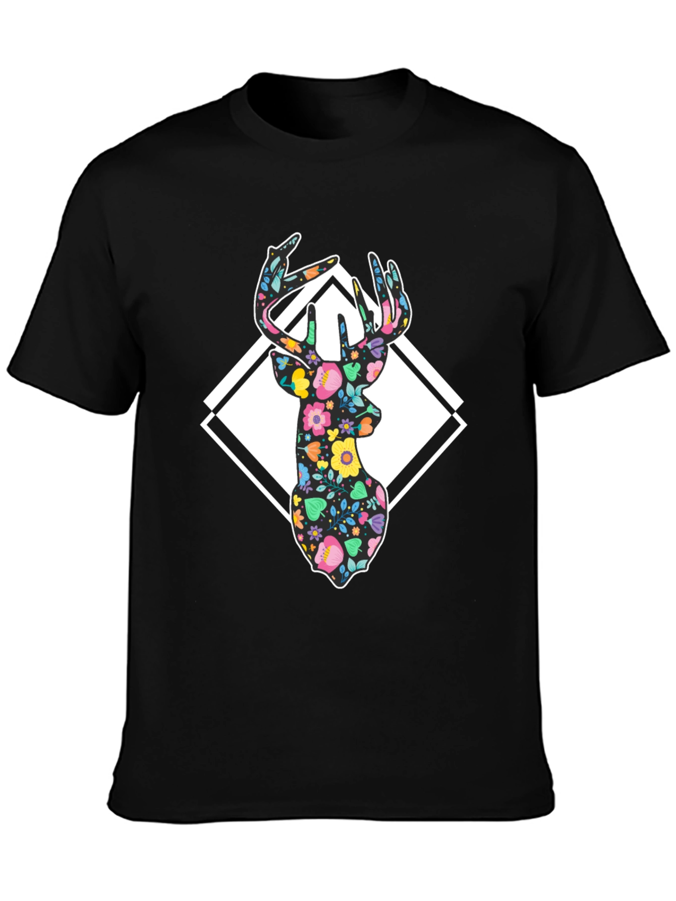 Floral Deer Graphic Tee - Black Cotton Blend
