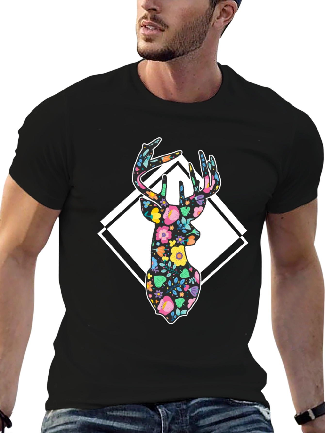 Floral Deer Graphic Tee - Black Cotton Blend