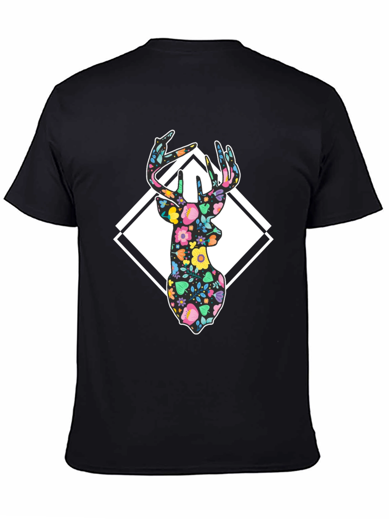 Floral Deer Graphic Tee - Black Cotton Blend