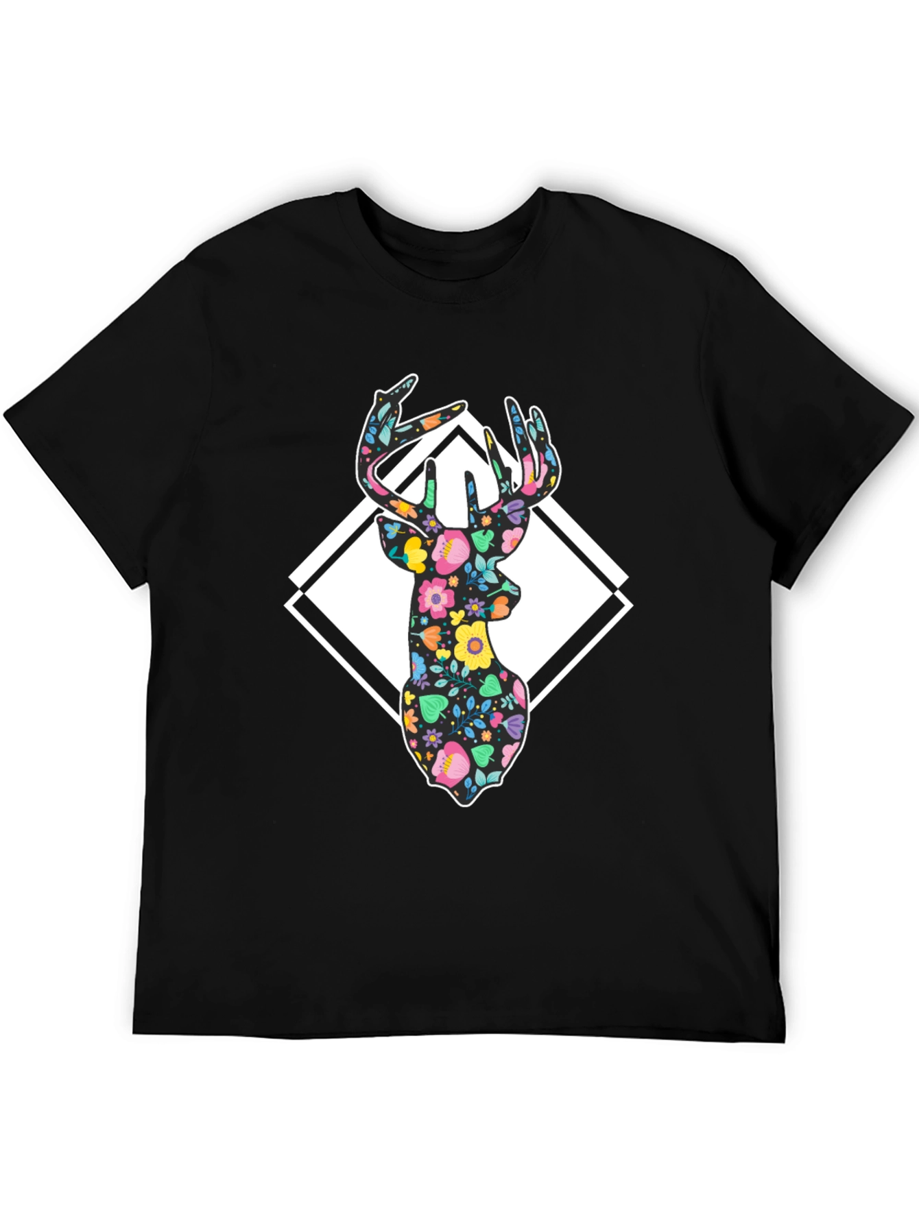 Floral Deer Graphic Tee - Black Cotton Blend
