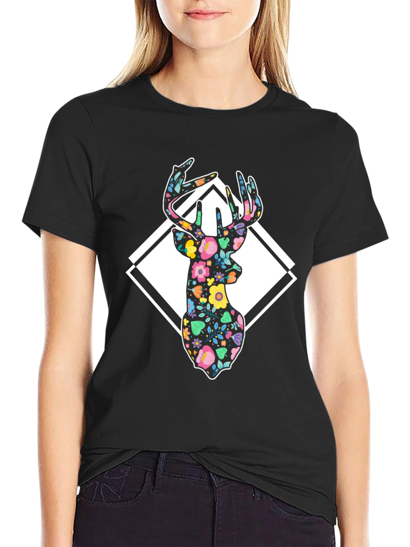 Floral Deer Graphic Tee - Black Cotton Blend