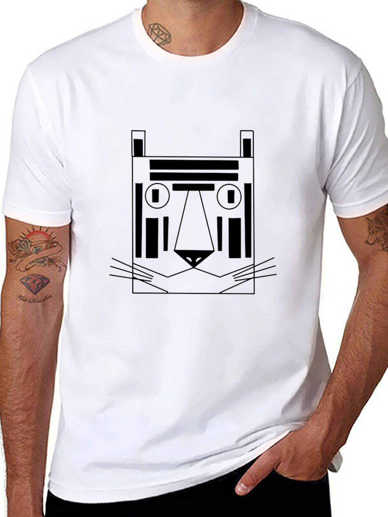 Geometric Tiger Graphic Tee - Black Cotton Shirt