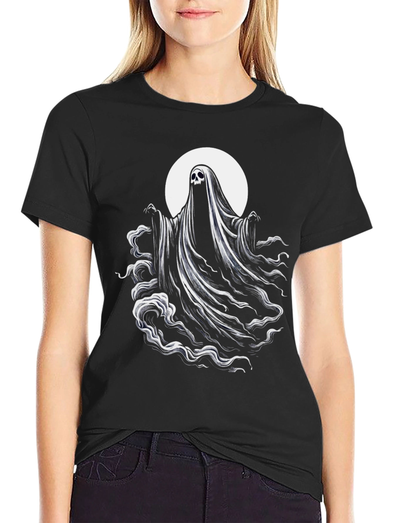 Spooky Ghost Graphic Tee - Black Cotton Blend Shirt