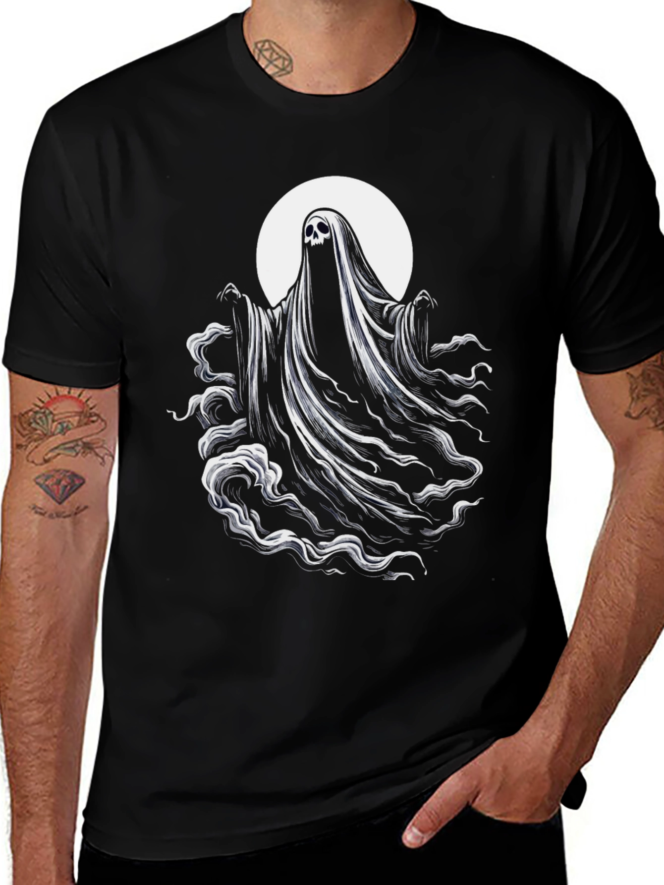 Spooky Ghost Graphic Tee - Black Cotton Blend Shirt