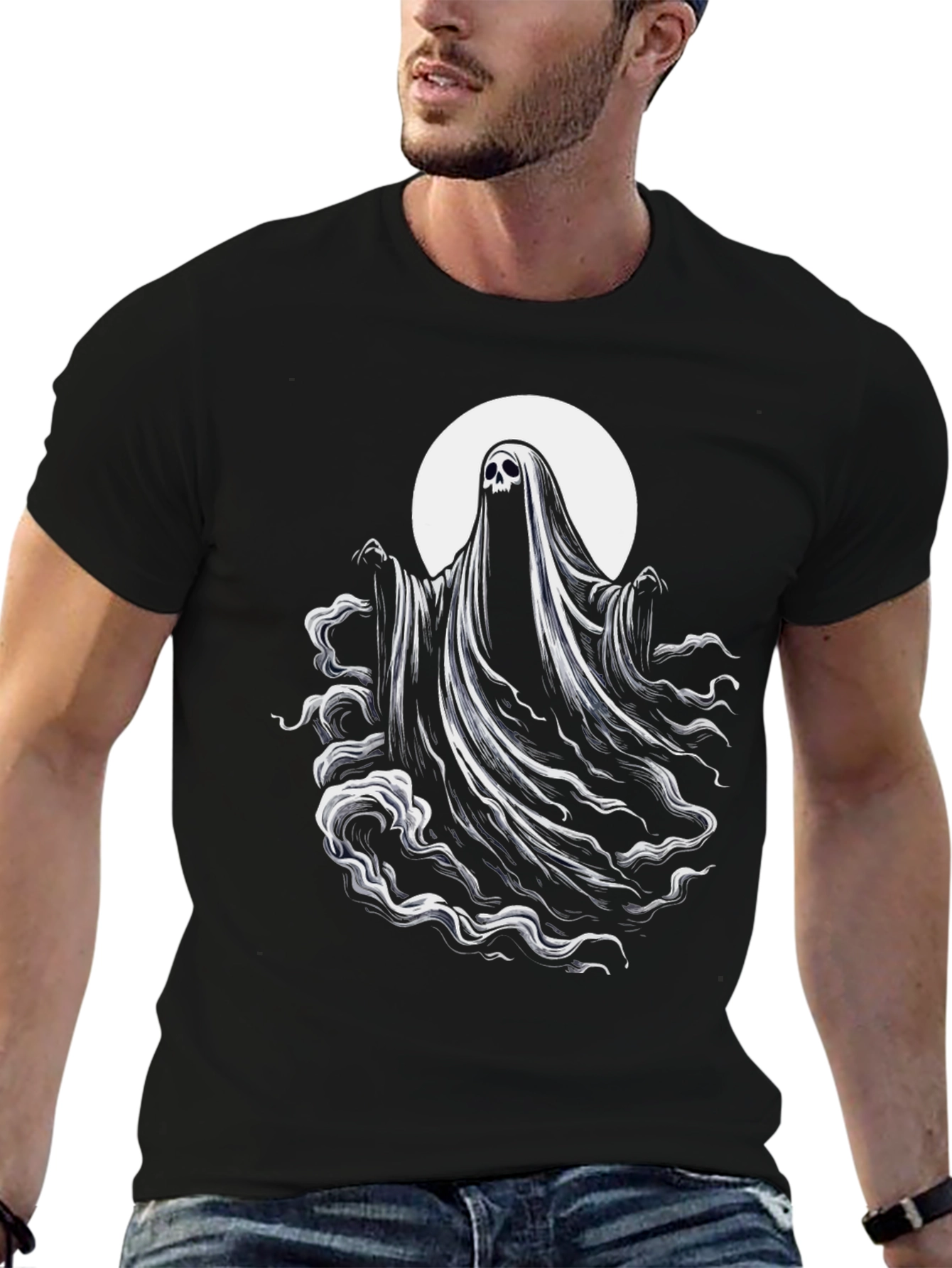 Spooky Ghost Graphic Tee - Black Cotton Blend Shirt