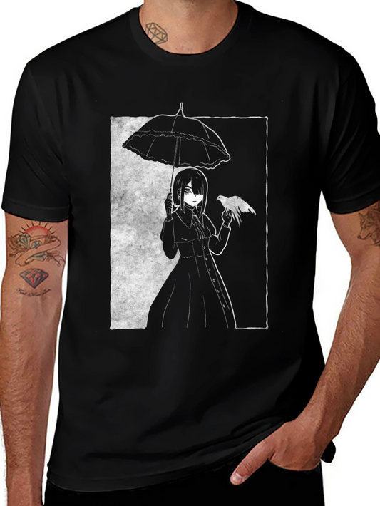 Gothic Anime Girl Tee - Bird & Umbrella Black Shirt
