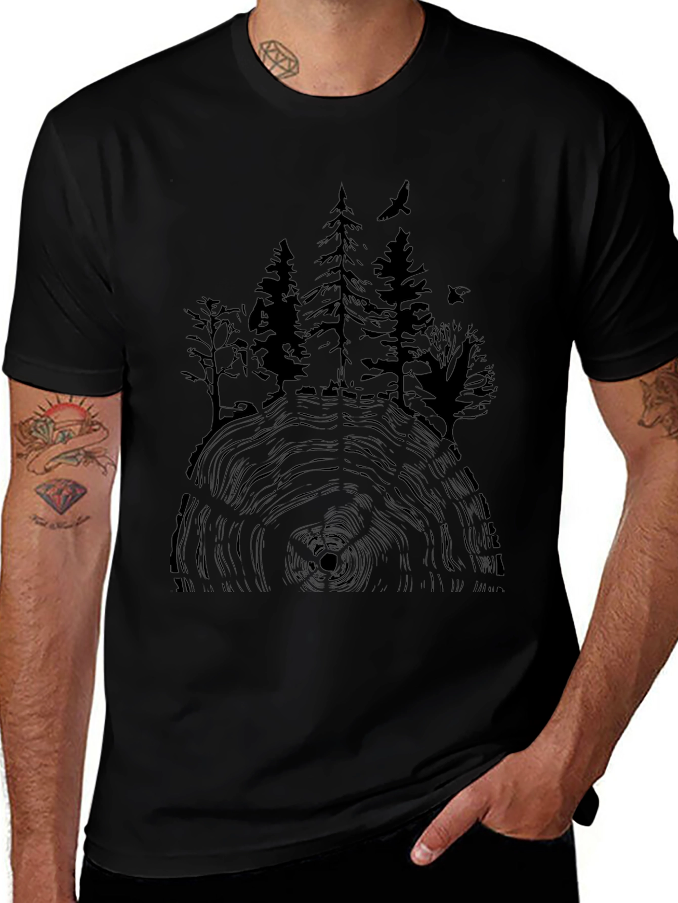 Natures Rings Tee: Tree Silhouette on Black Cotton