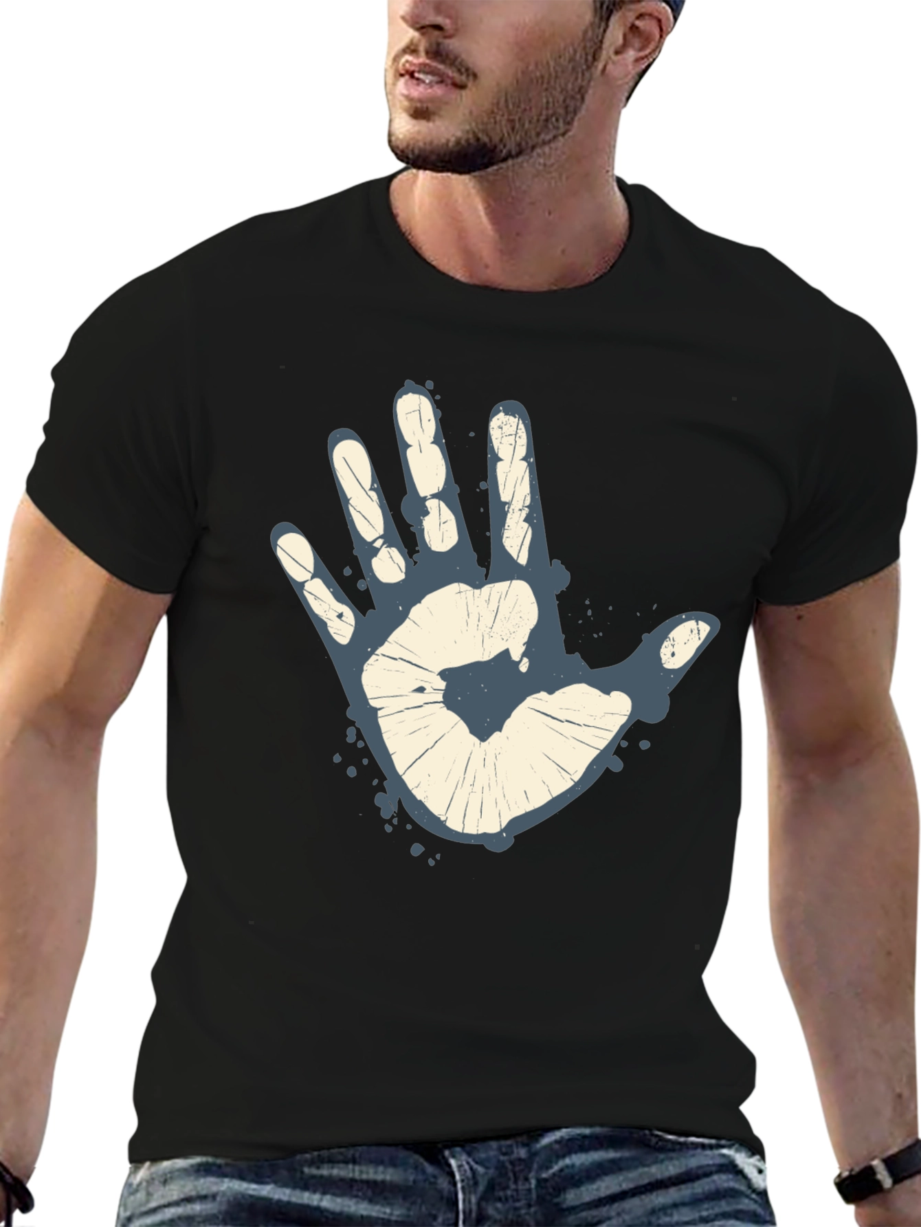 Retro Handprint Graphic Mens Black T-Shirt