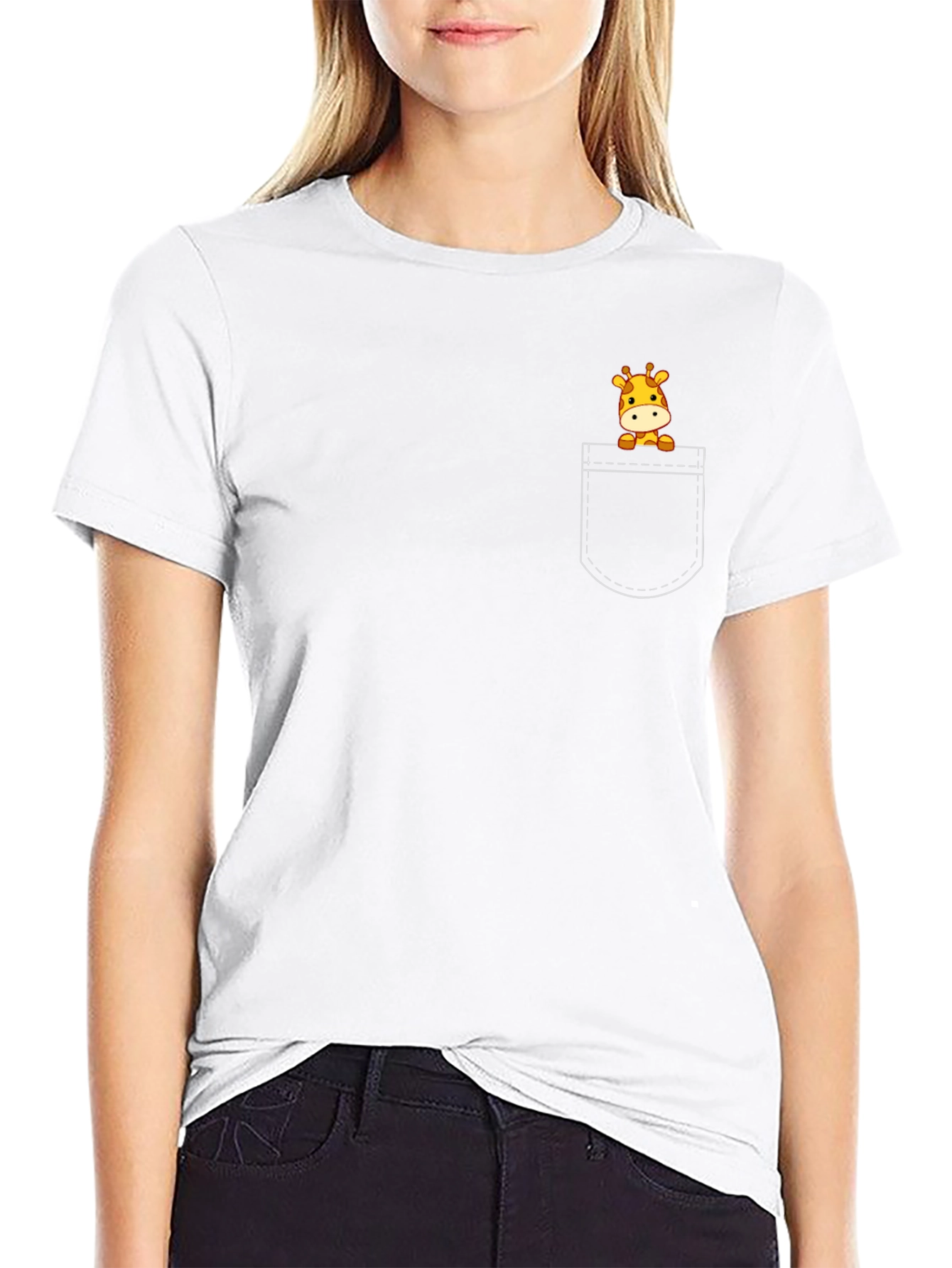 Giraffe Pocket Tee - Cute Cartoon Animal Shirt