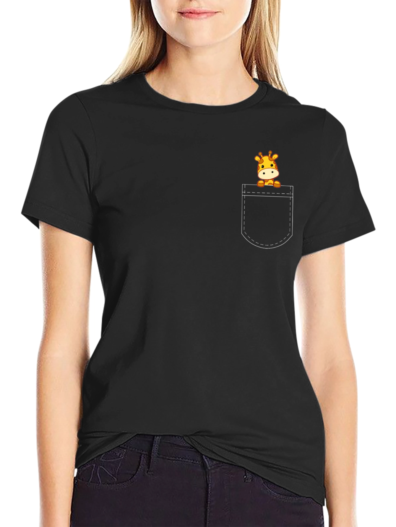 Giraffe Pocket Tee - Cute Cartoon Animal Shirt