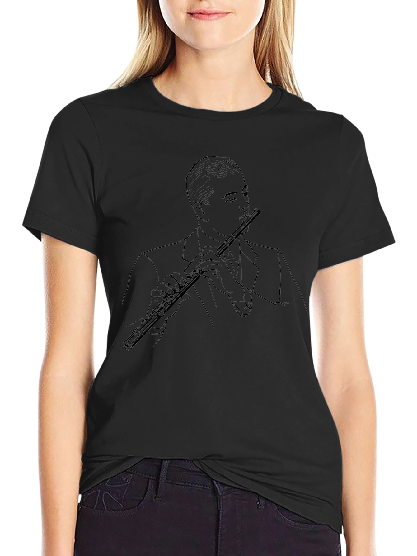 Jazz Flute Player Graphic Tee - Stylish Black T-Shirt