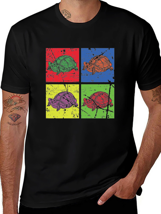 Pop Art Turtle Graphic Tee - Stylish Mens Black T-Shirt