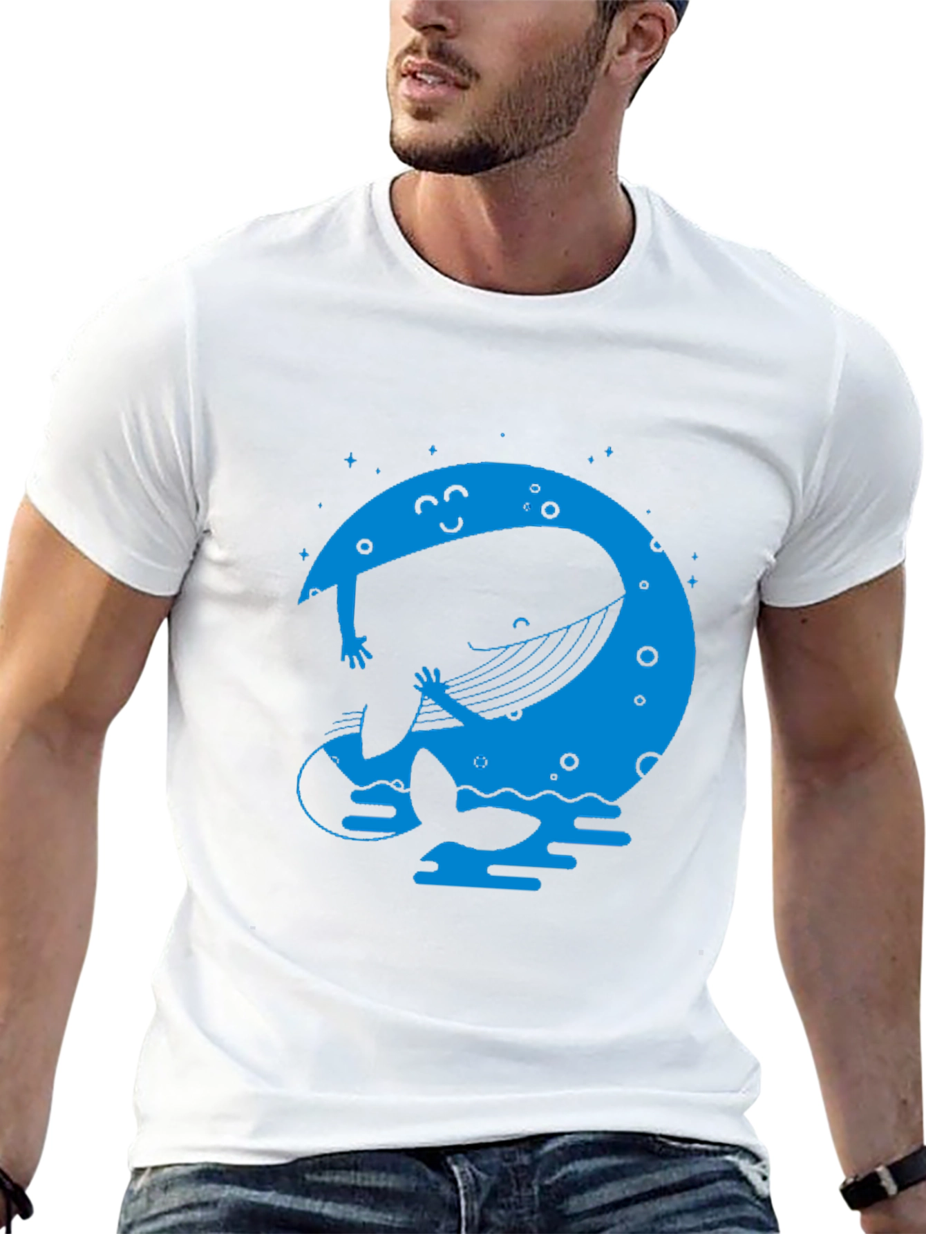 Whimsical Whale & Moon Graphic Tee - Black