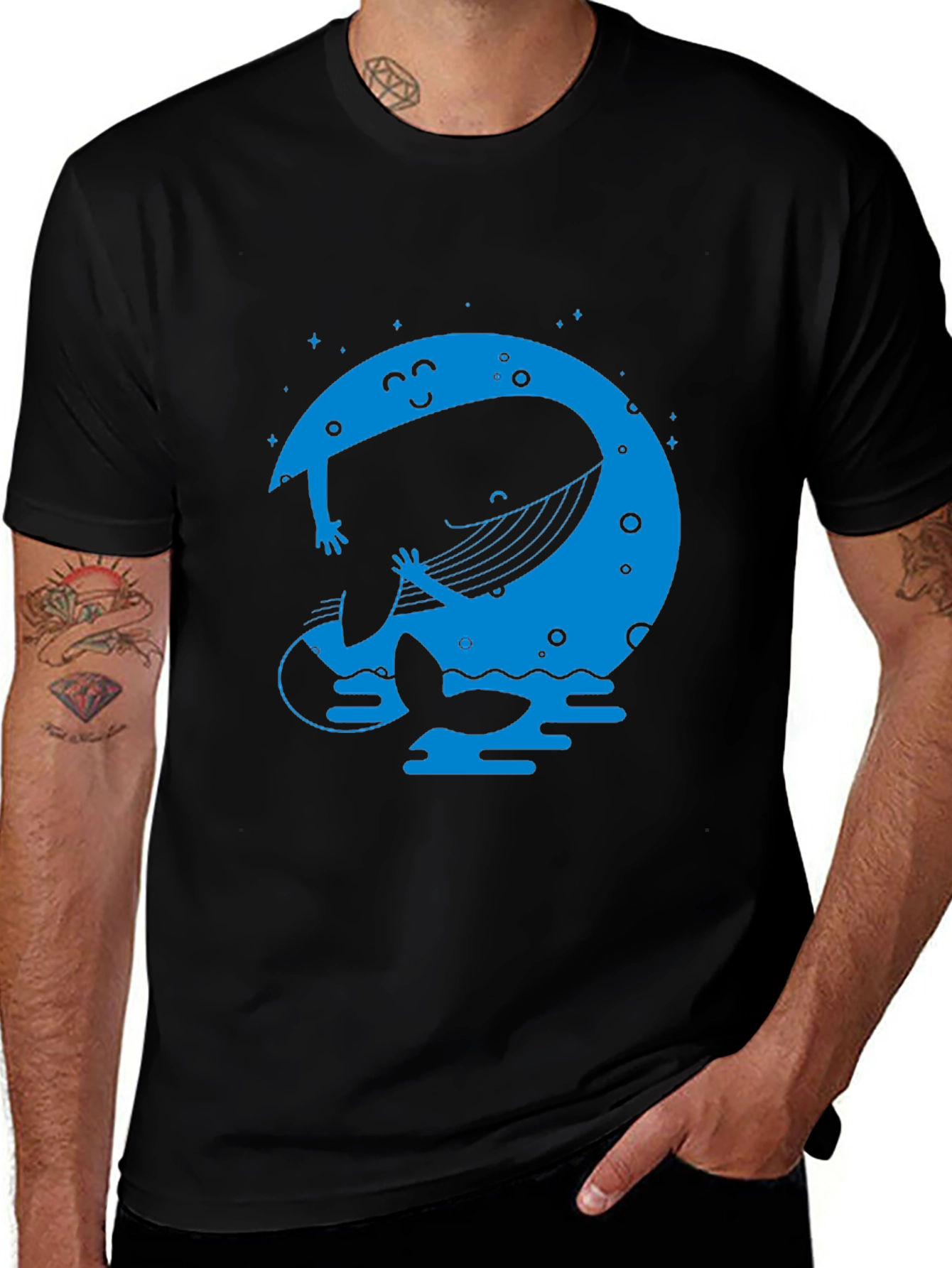 Whimsical Whale & Moon Graphic Tee - Black